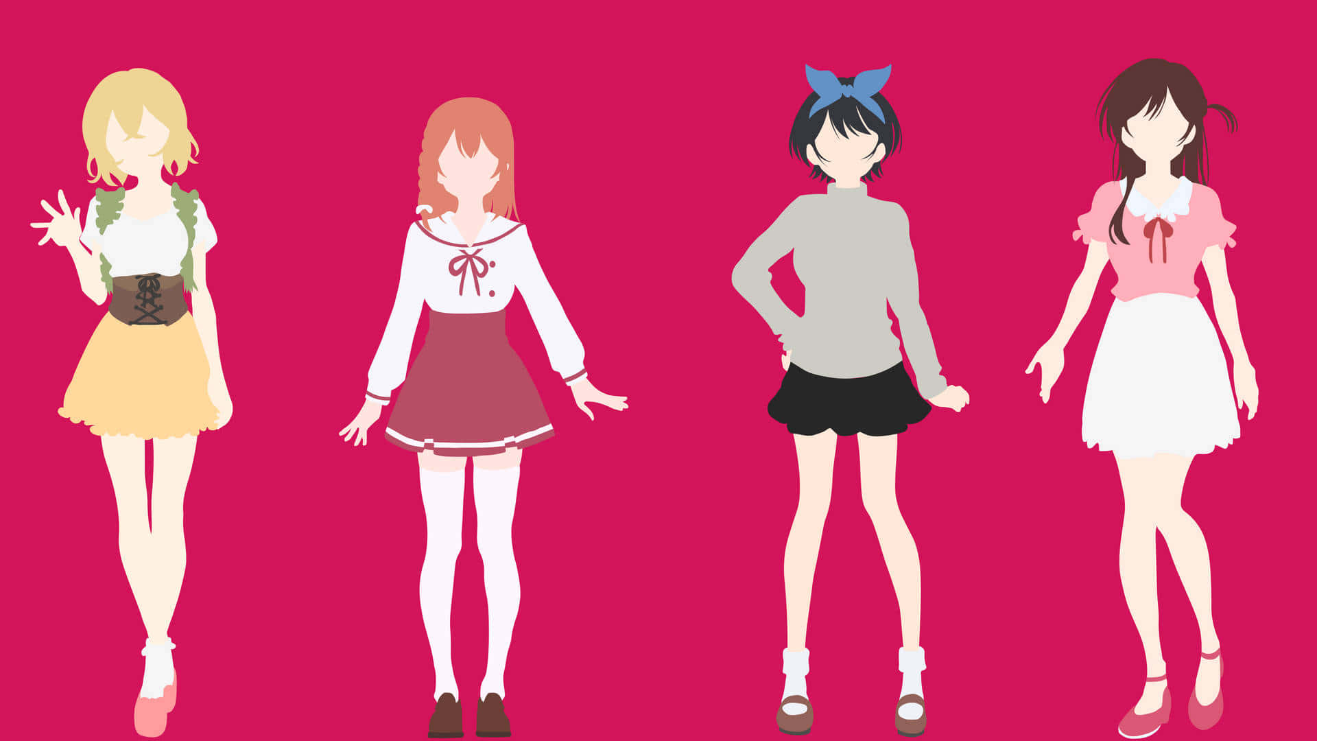 Four Anime Girls Standing In Front Of A Pink Background Background