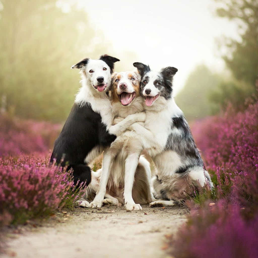 Four Friendly Dogs Relaxing On A Sunny Day Background