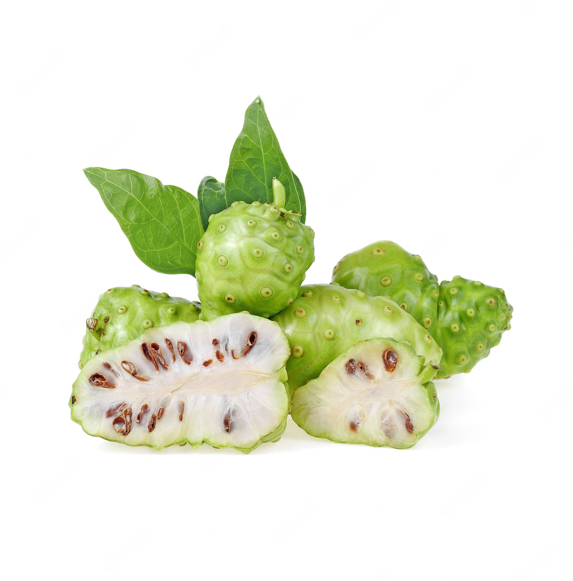 Four Noni Fruits And Slices Background