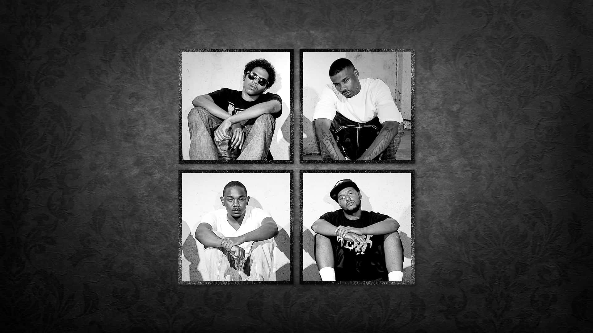 Four Pictures Of Men Sitting On A Black Wall Background