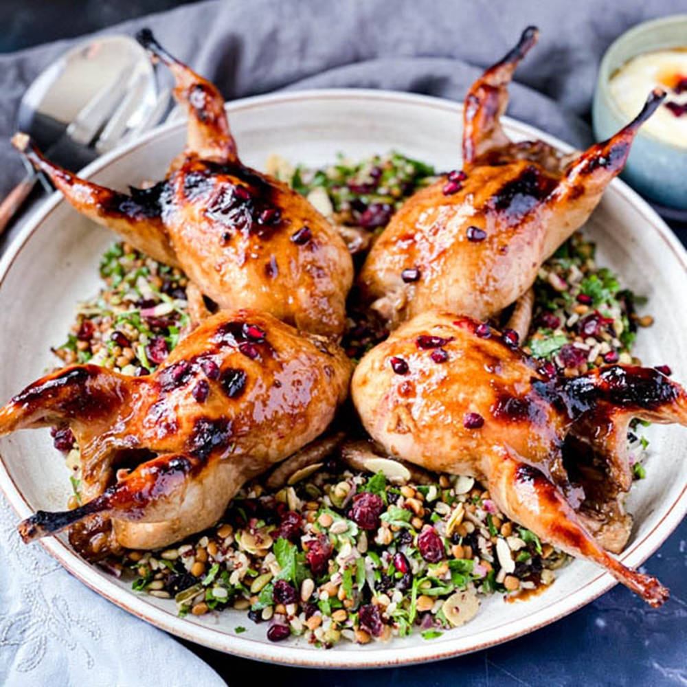 Four Quails With Veggies Platter Background