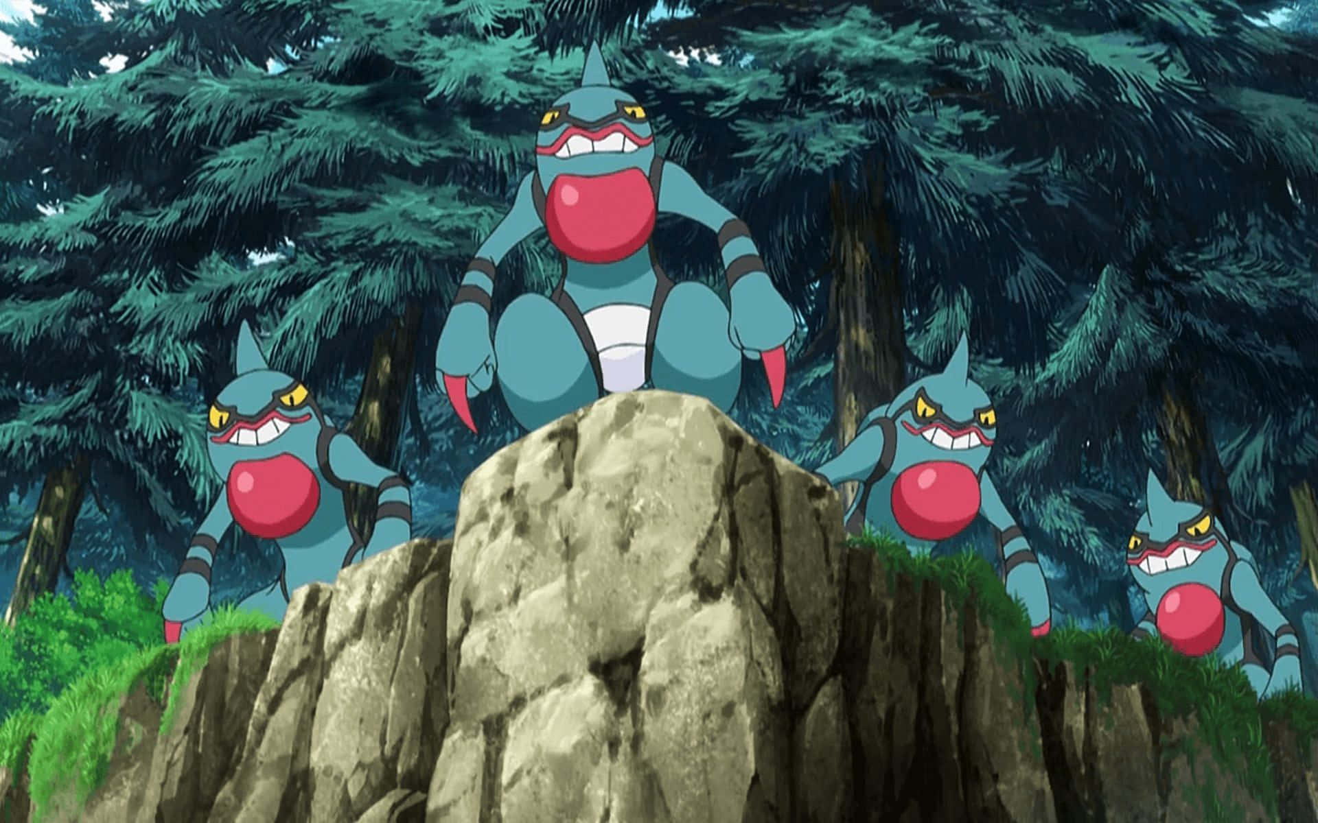 Four Toxicroak Pokemon On Cliff Background
