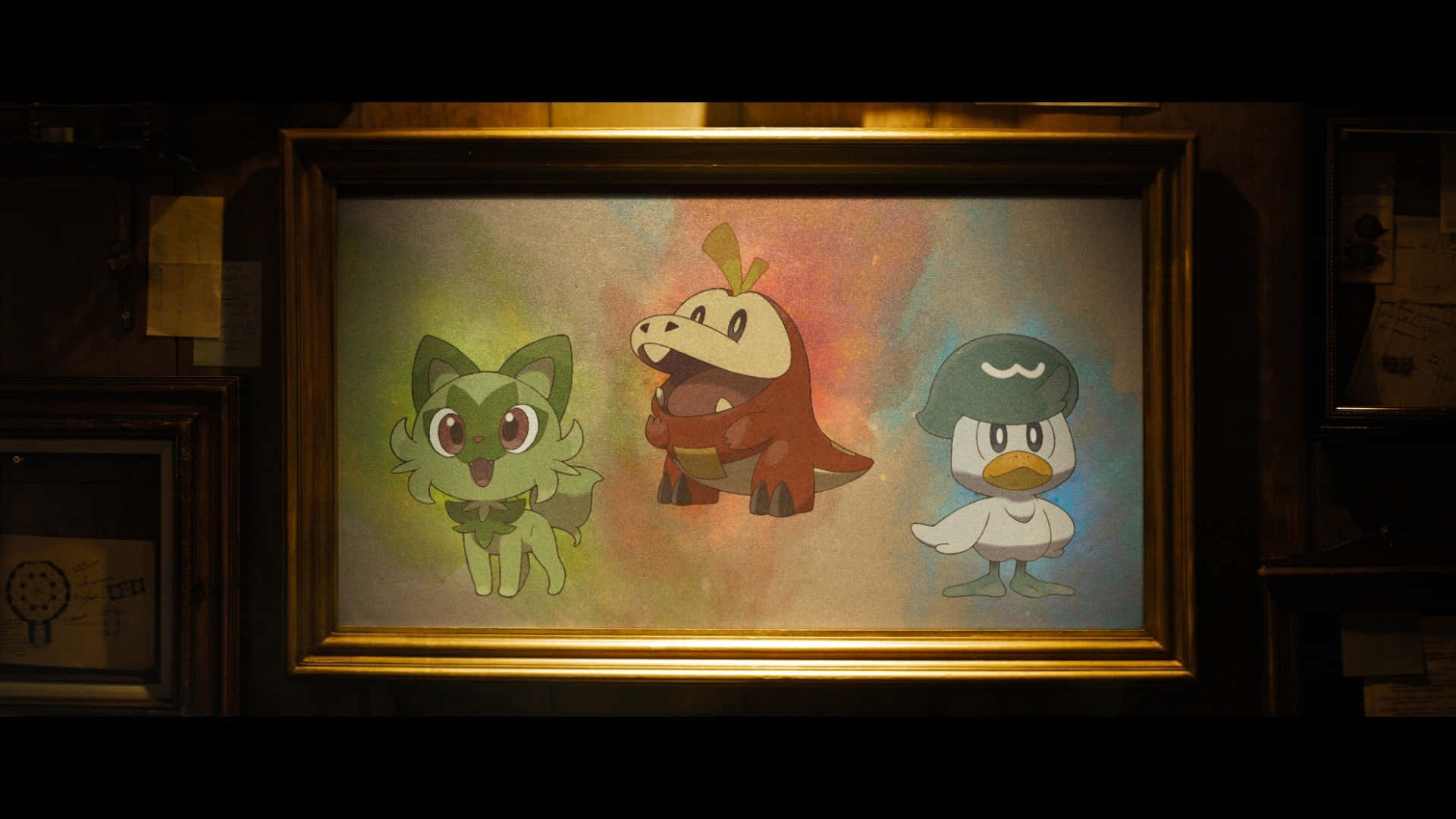 Framed Animation Of Sprigatito, Fuecoco, And Quaxly Background