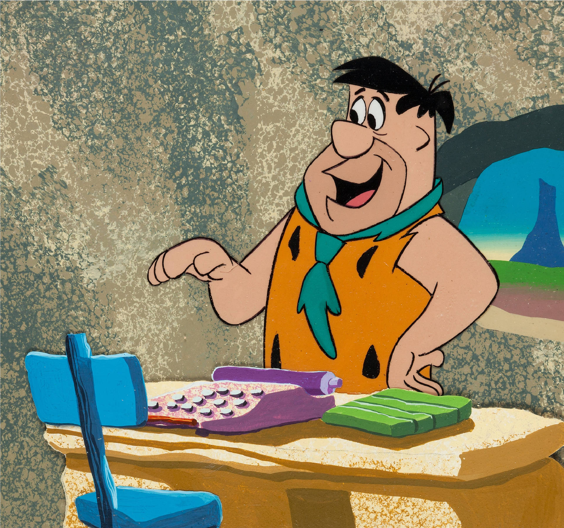 Fred Flintstone At Office Desk Comic Background