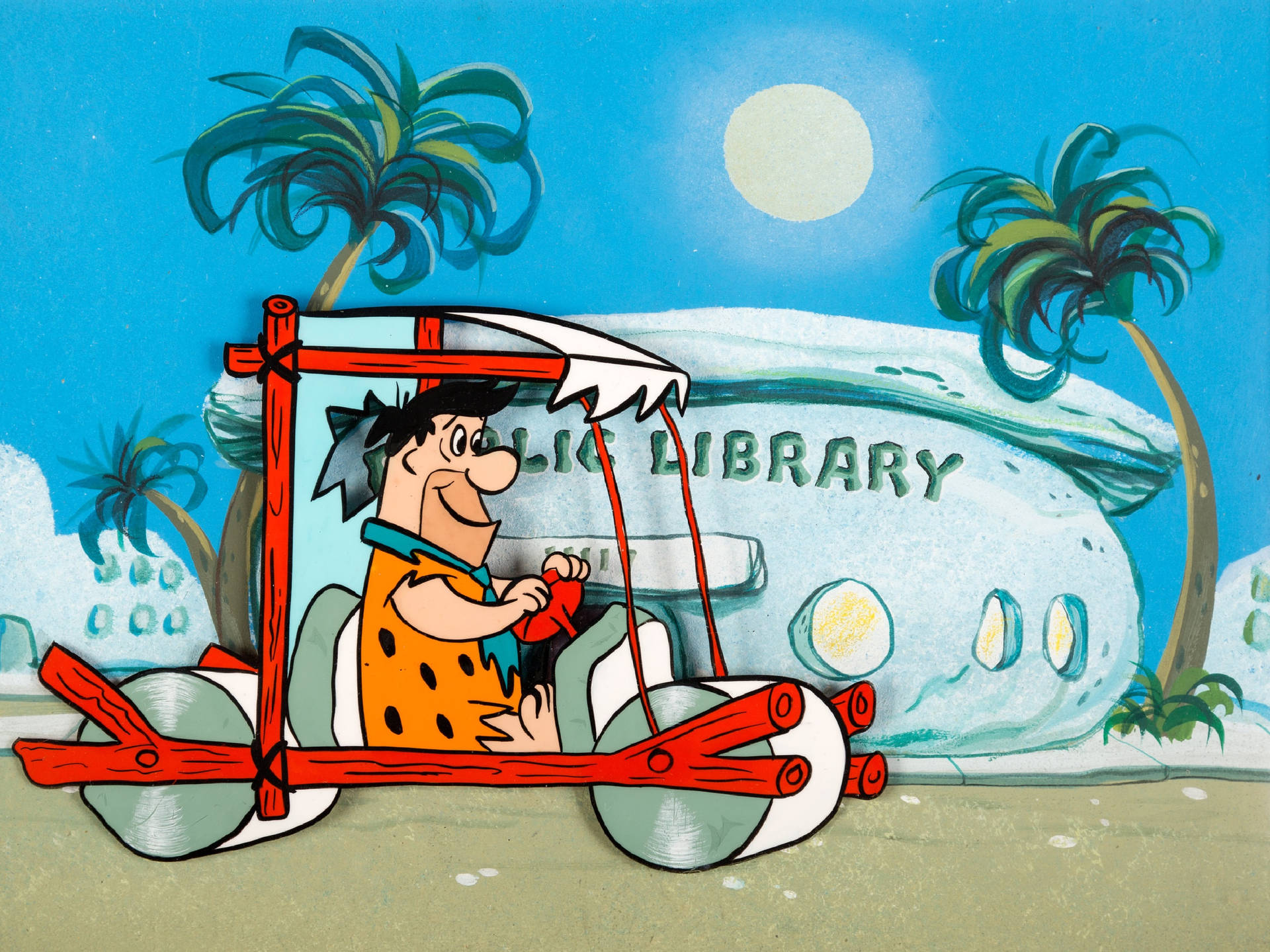 Fred Flintstones Drives At Library Background