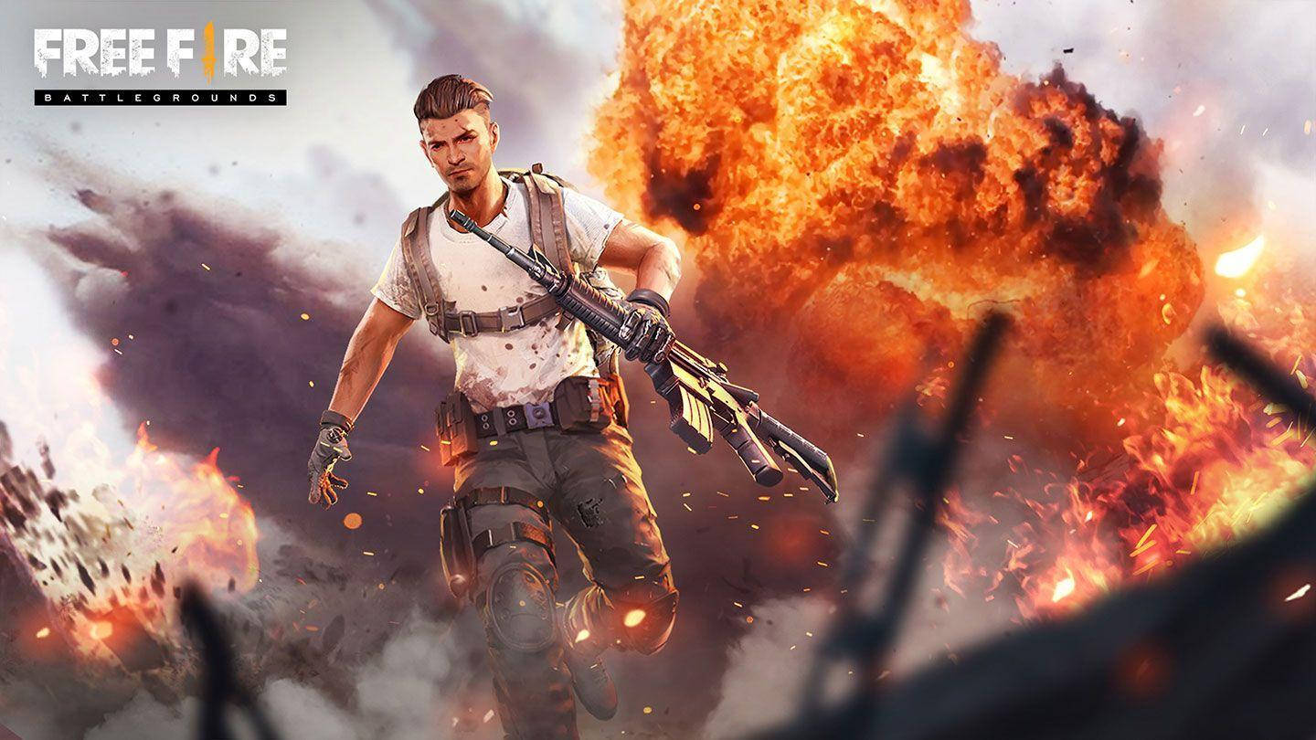 Free Fire 3d Landscape Man Walking From Explosion Background