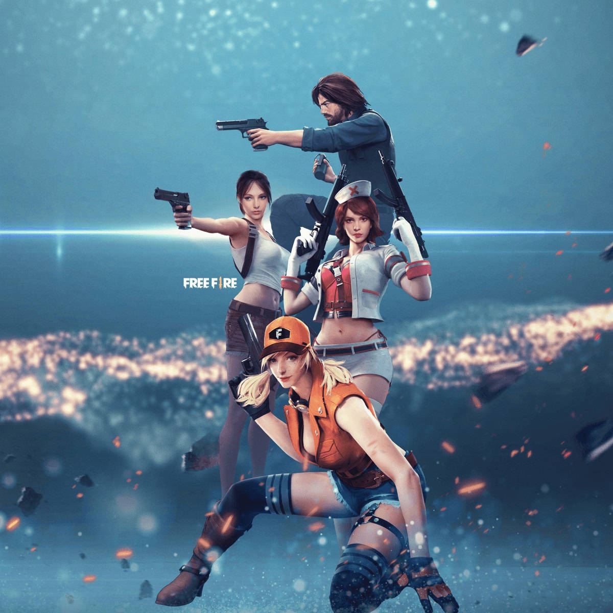 Free Fire Characters With Weapons 3d Background