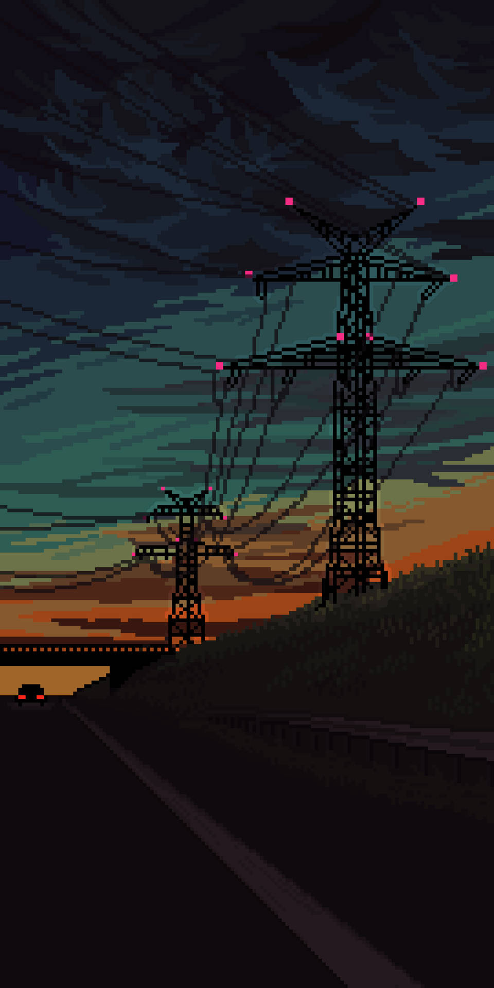 Freeway And Power Lines In Aesthetic Pixel Art