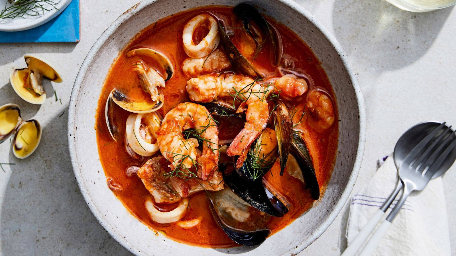 French Cuisine Bouillabaisse On Textured Ceramic Bowl Background