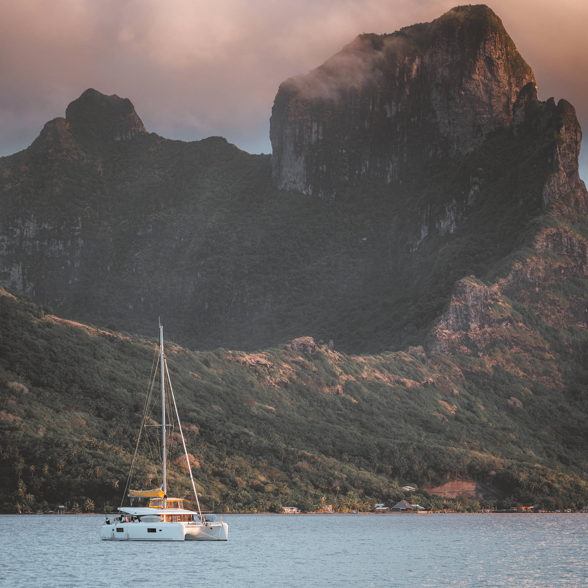 French Polynesia Yacht And Mountain Background