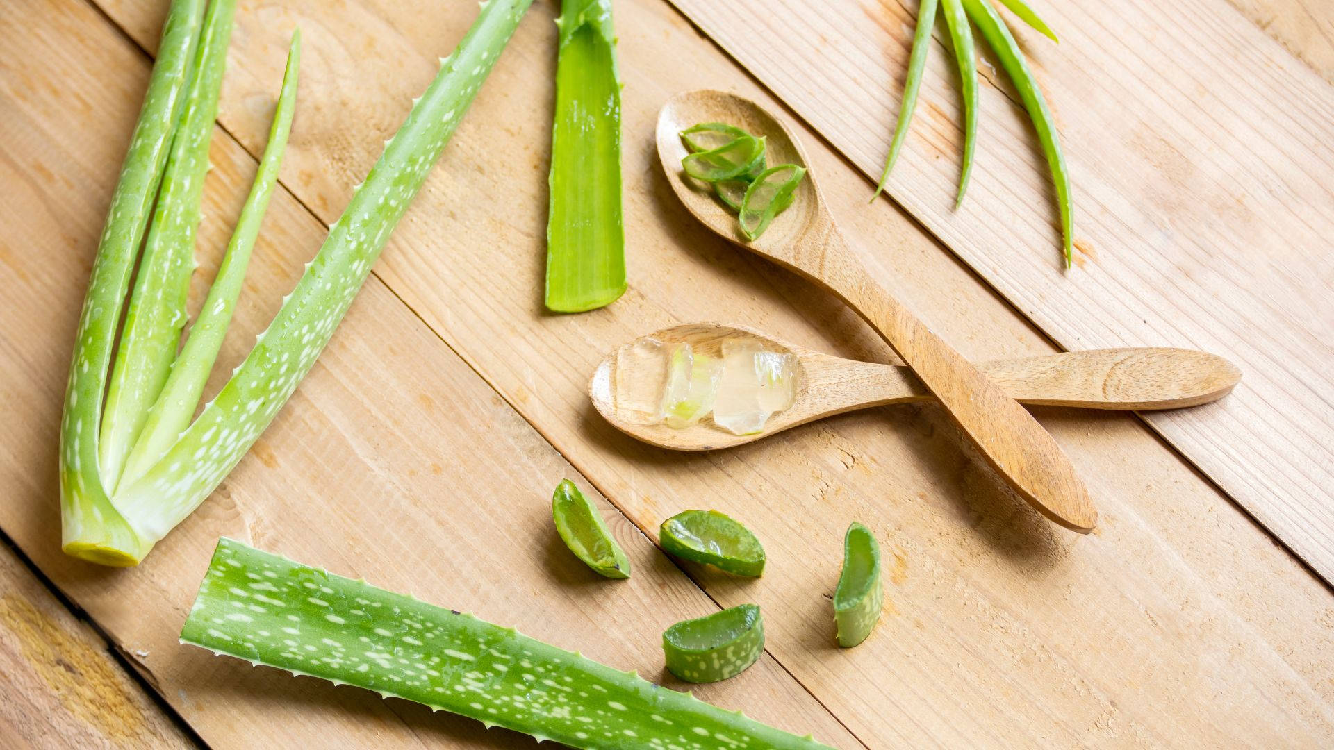 Fresh Aloe Vera Gel With Slices In A Wooden Spoon Background