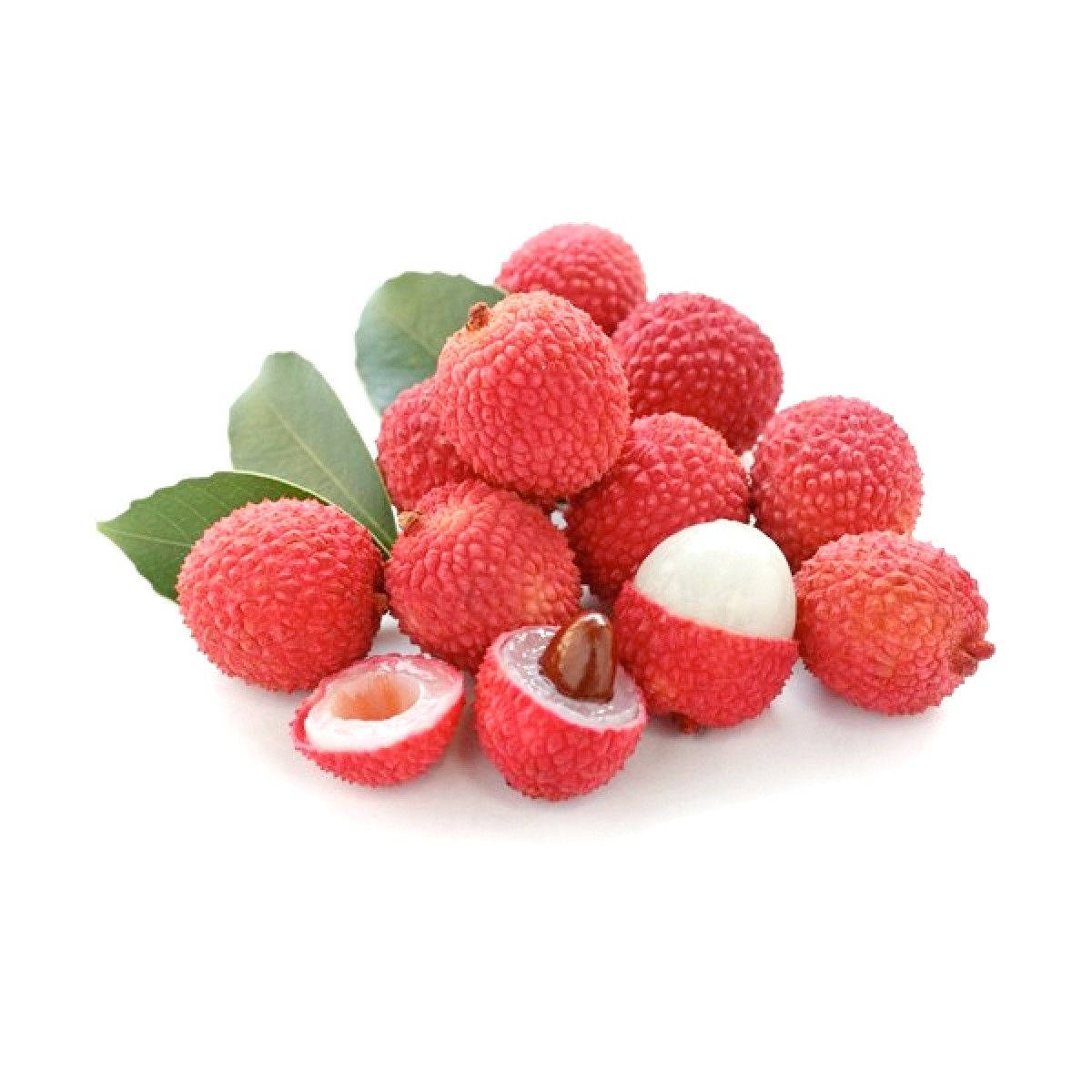 Fresh And Vibrant Red Lychees With Leaves Background