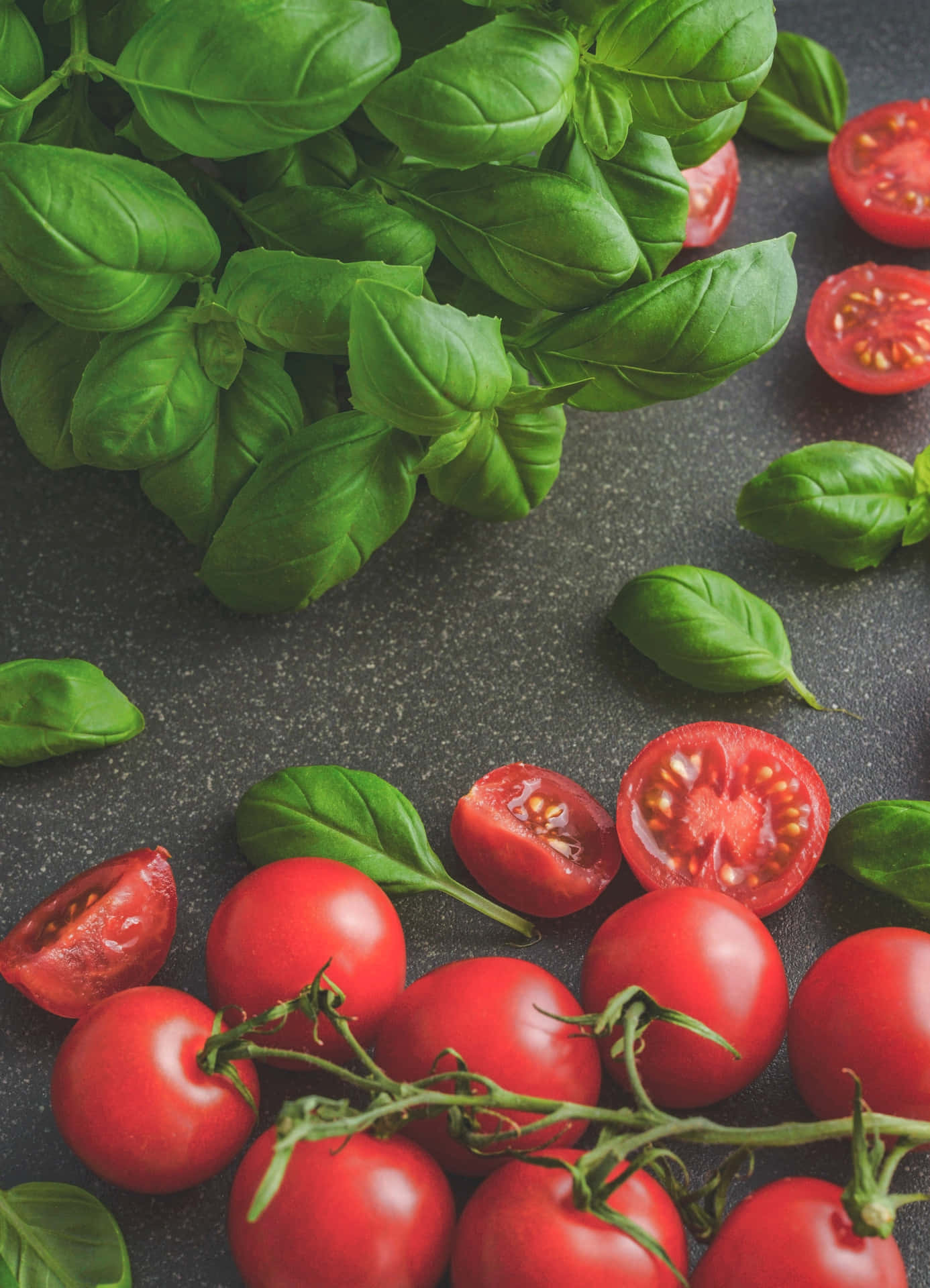 Fresh Basil And Cherry Tomatoes Background