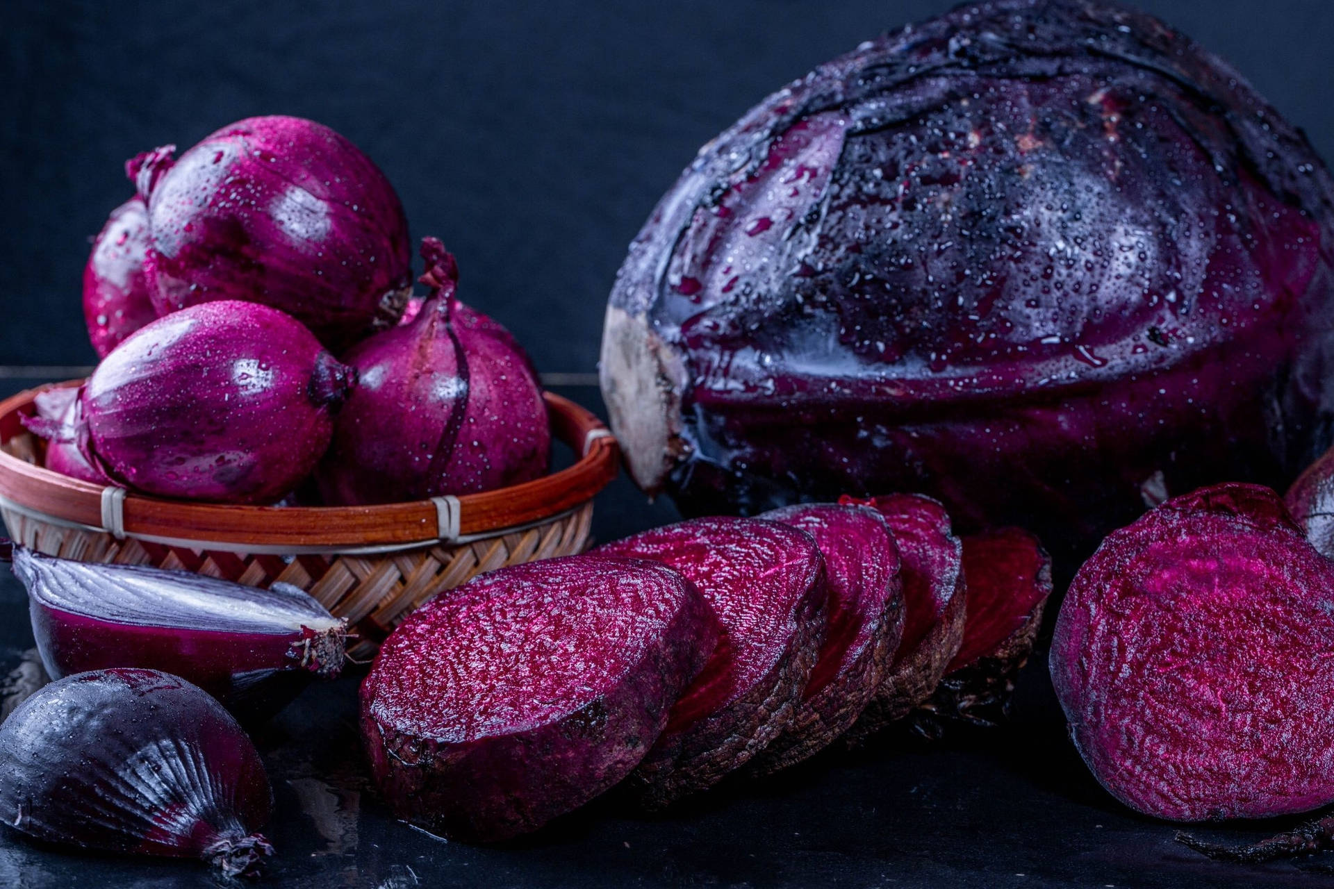 Fresh Beetroot Mix With Onions And Purple Cabbage Background