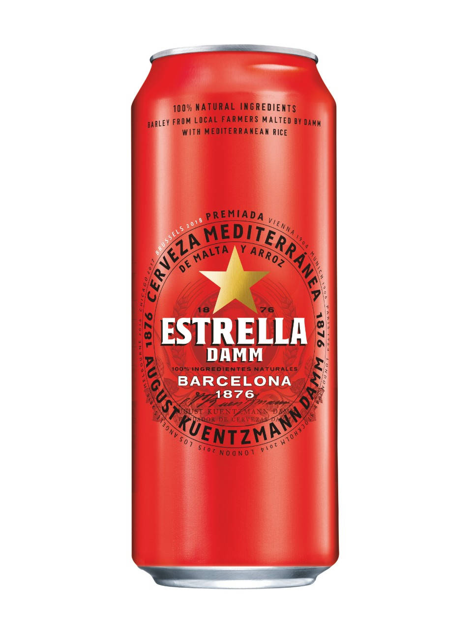 Fresh Estrella Damm Lager Beer In Vibrant Red Can Background