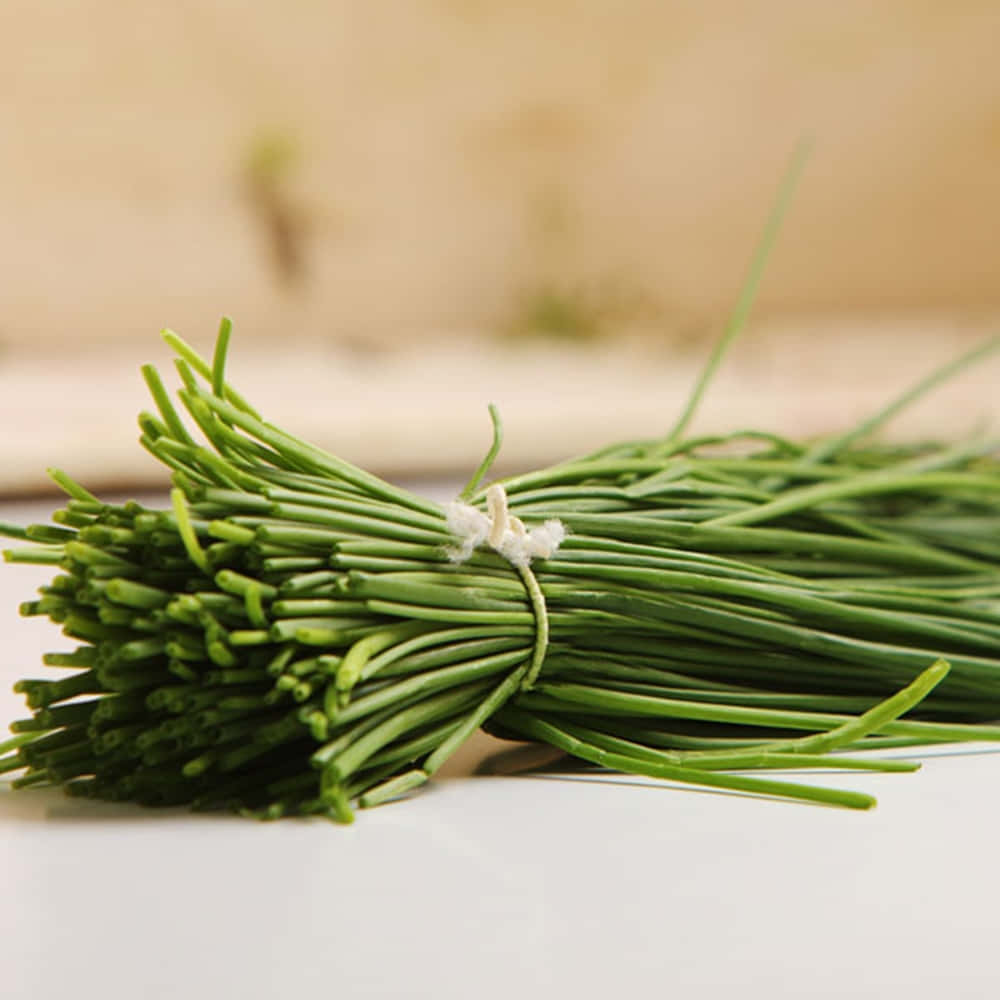 Fresh Green Chives Wrapped With White Thread Background