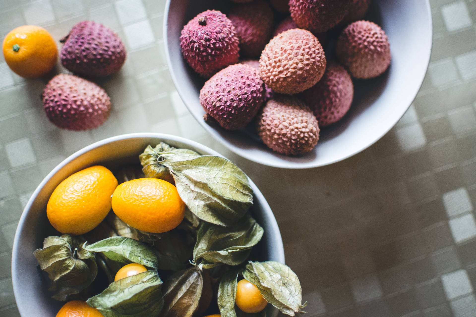 Fresh Kumquat And Lychee Fruits Flat Lay Background