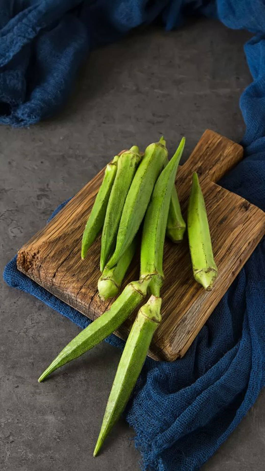 Fresh Okras On Chopping Board Background