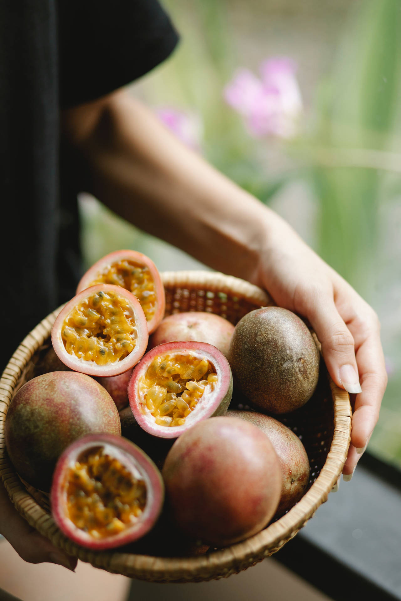 Fresh Passion Fruit In Wooden Bowl Background