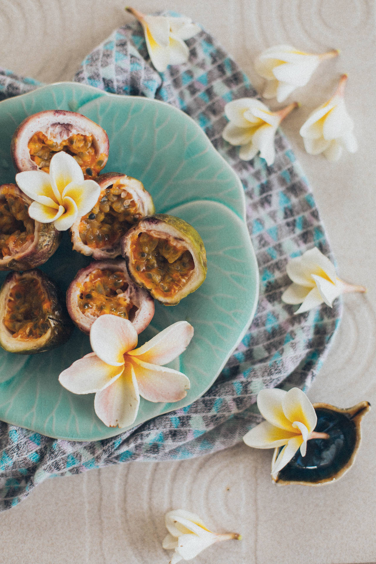 Fresh Passion Fruit With Frangipani Background