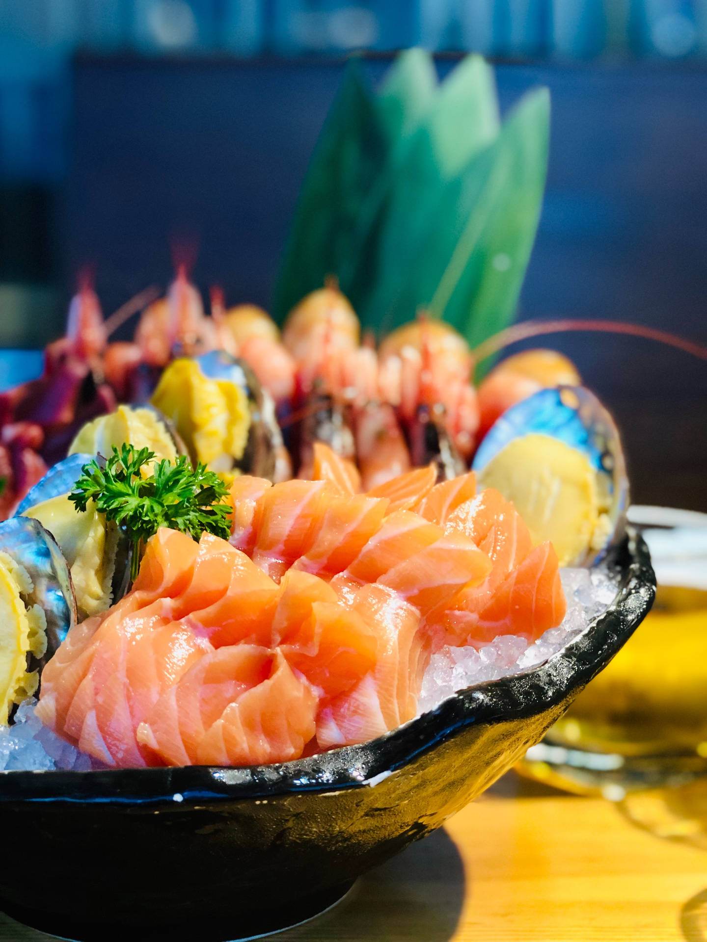 Fresh Sashimi On Ice Bowl Background