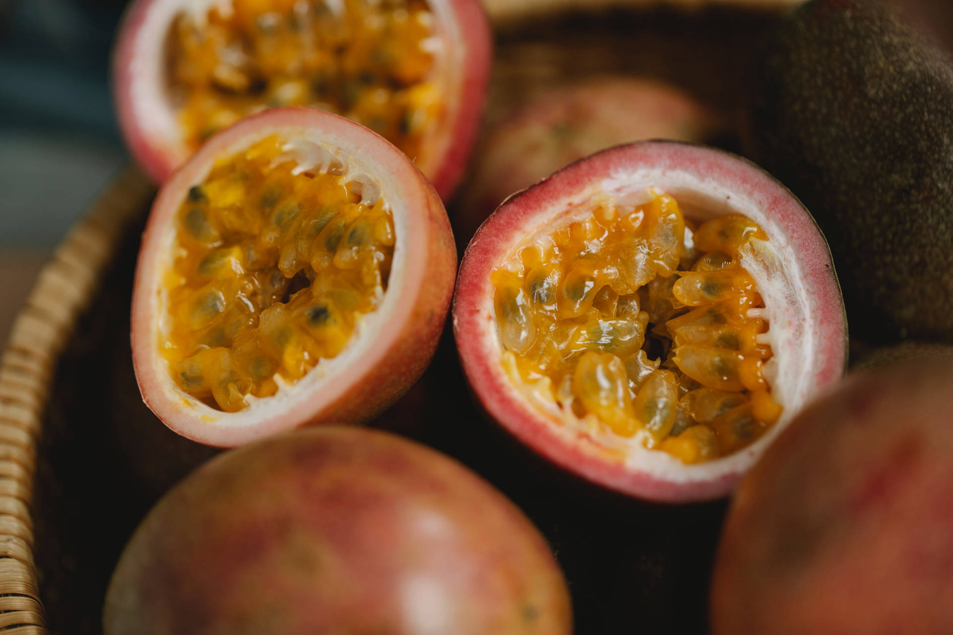 Fresh Sliced Passion Fruit Macro Shot Background