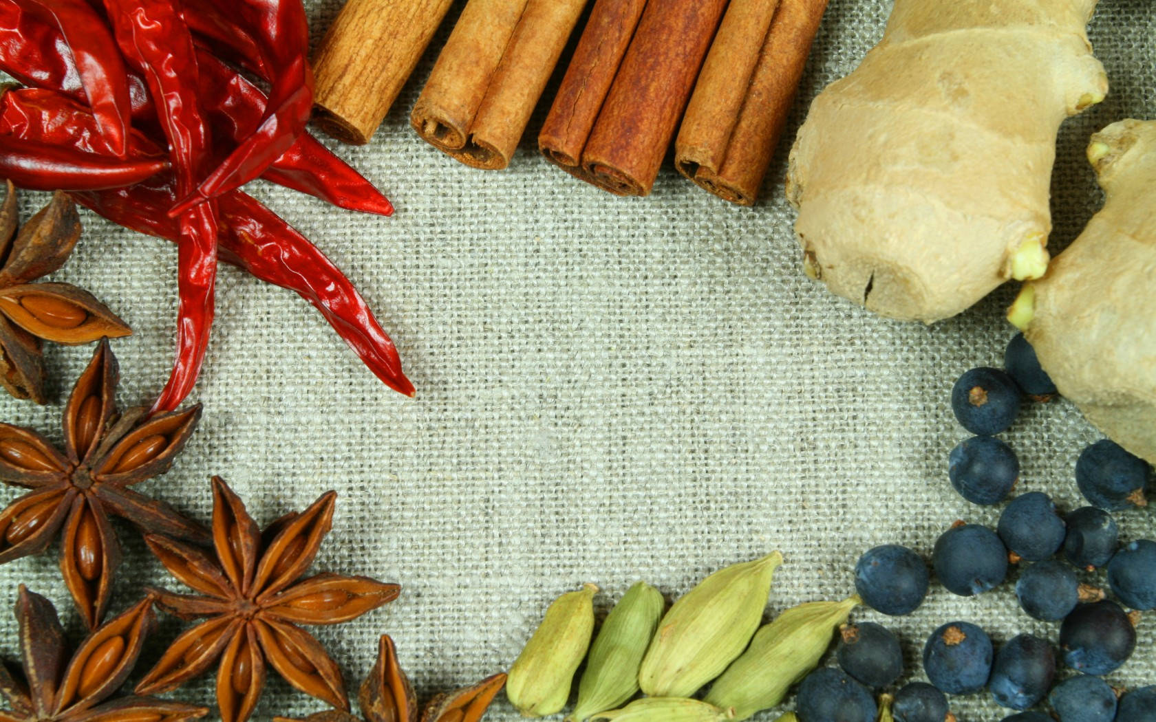 Fresh Spices Flat Lay On Cloth Background