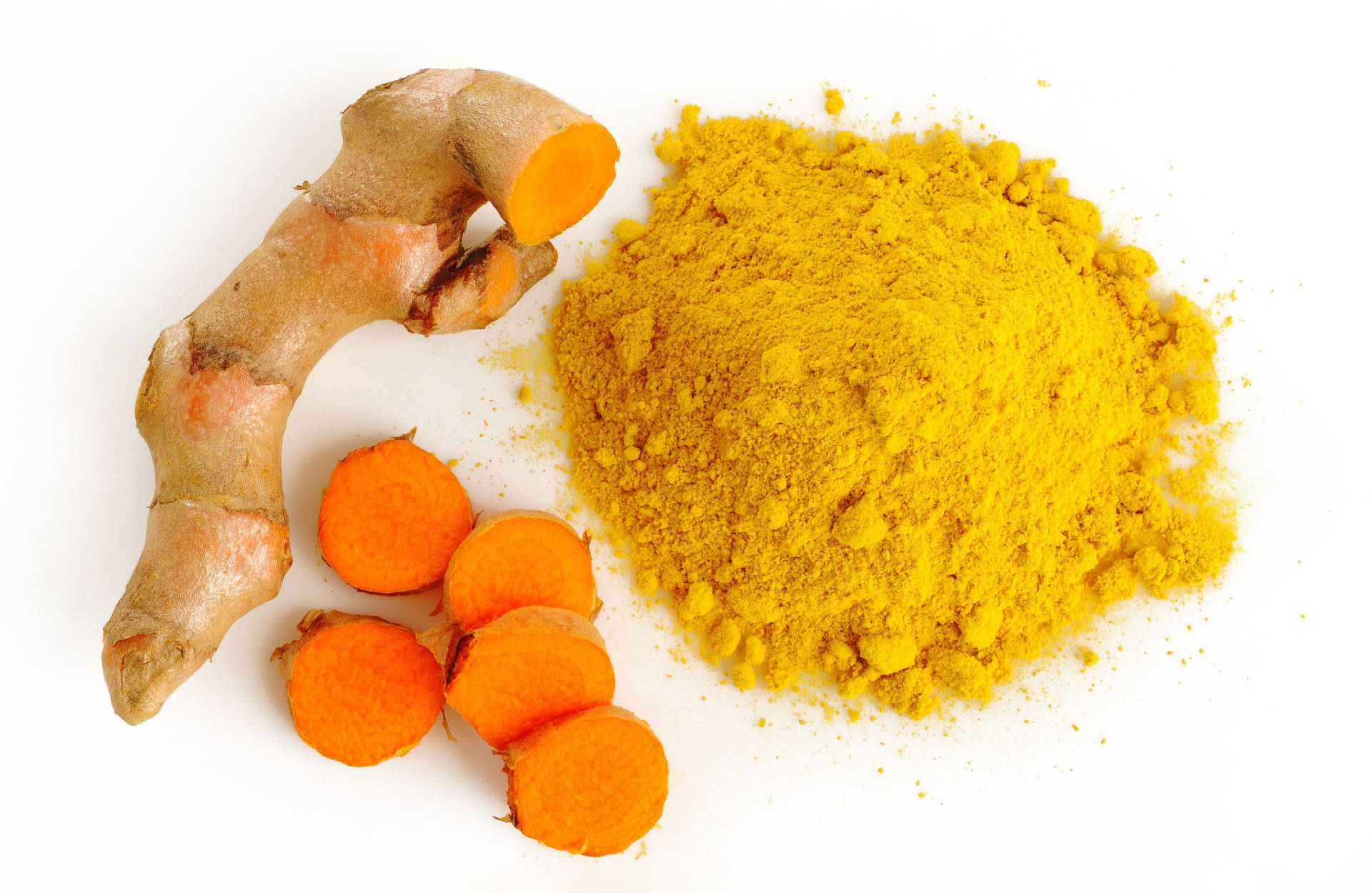 Fresh Turmeric Slices And Powder Background