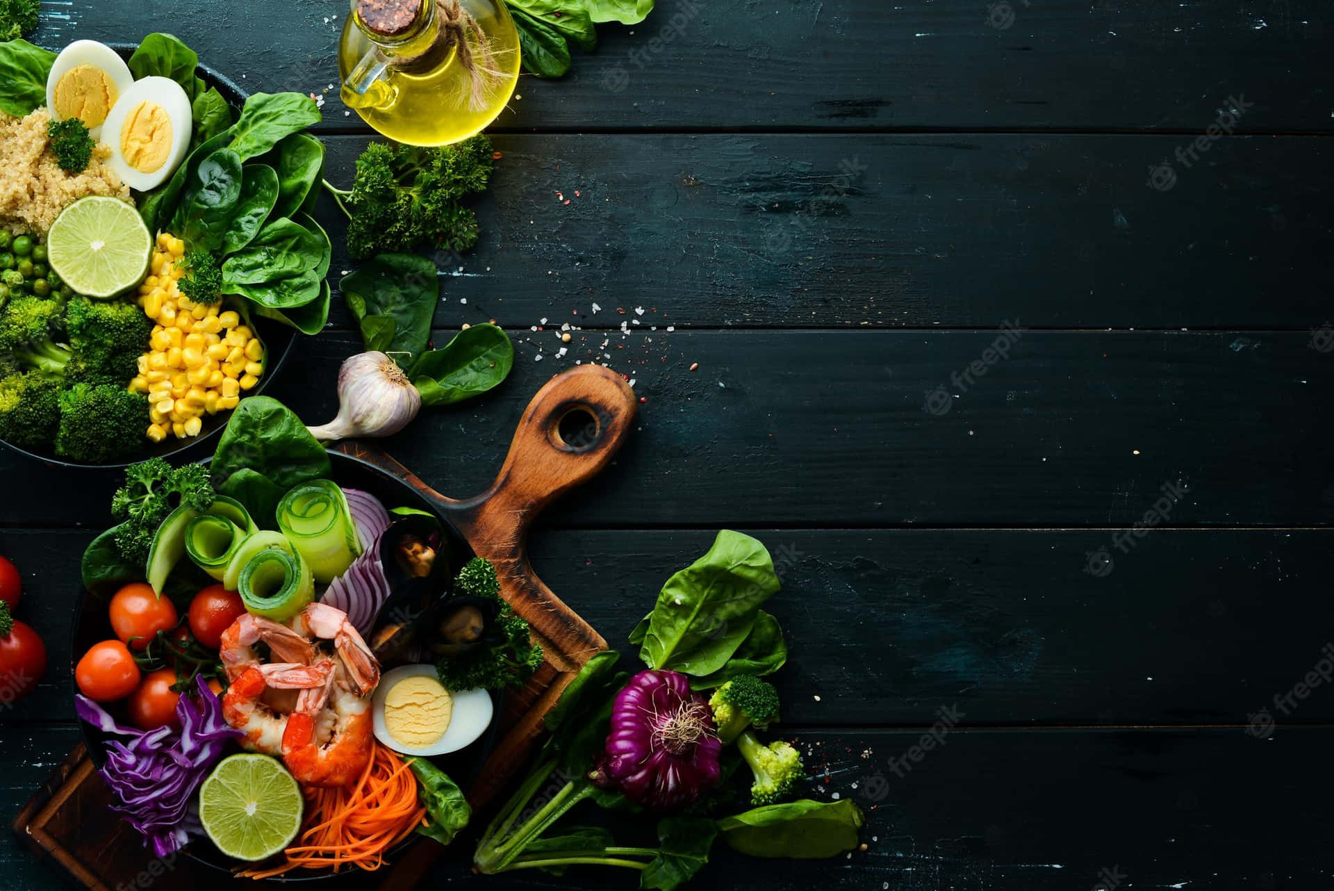 Fresh Vegetables And Fruits On A Wooden Table Background