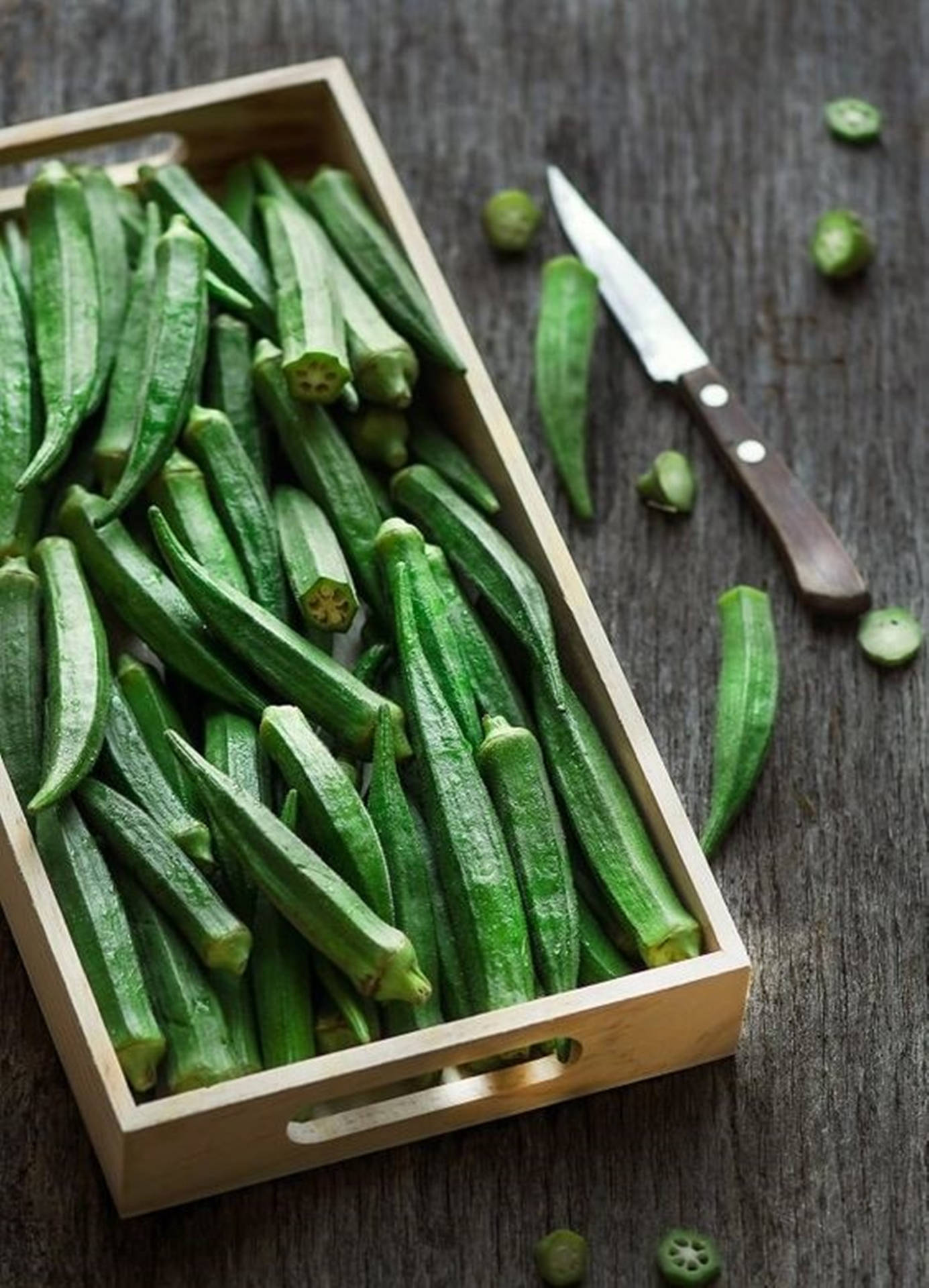 Fresh Wooden Box Of Okras Background