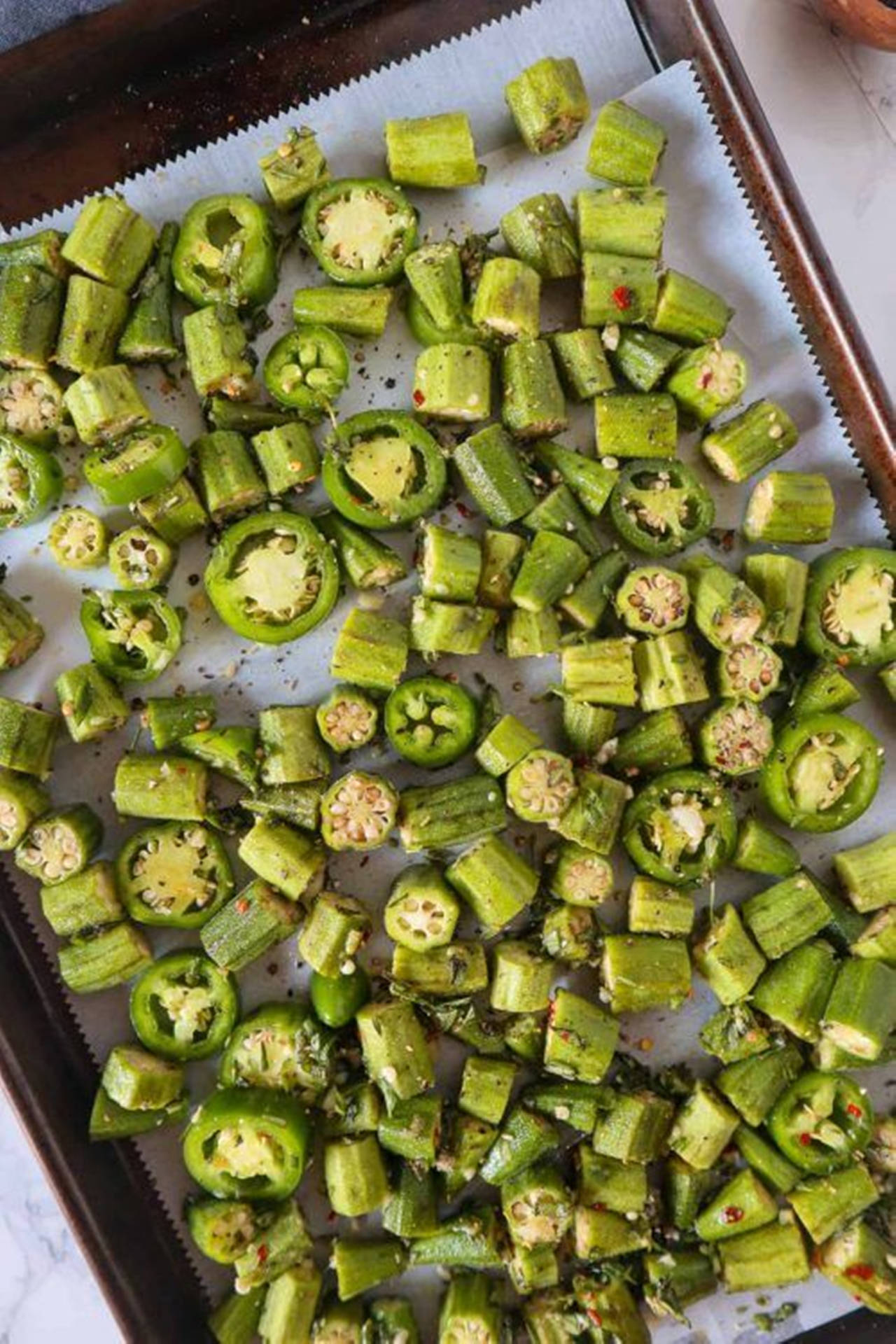 Freshly Chopped Okra On Tray Background