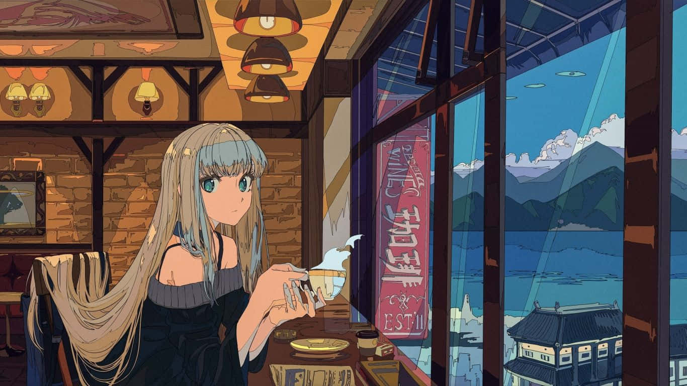 Friends Gathering At Cafe Anime Background