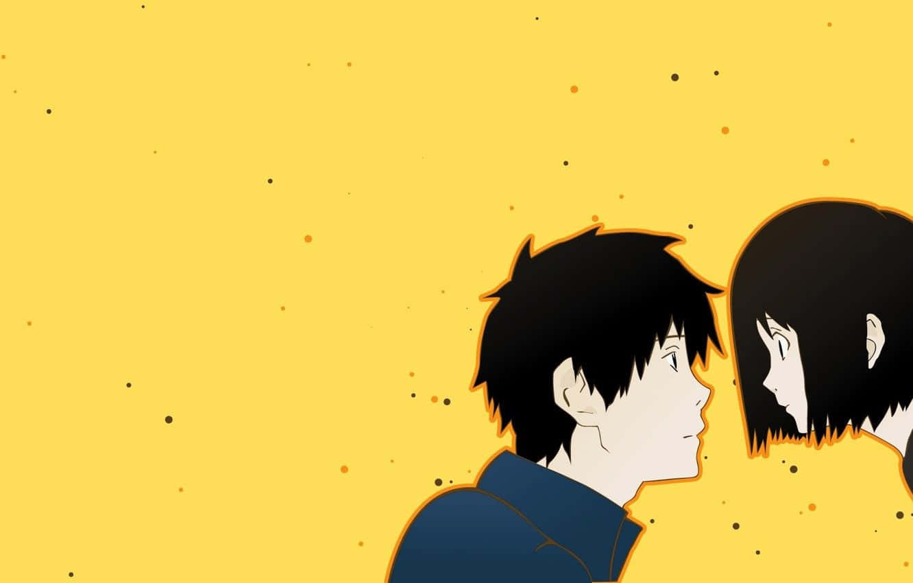 Friends Talking While Enjoying Yellow Anime Background
