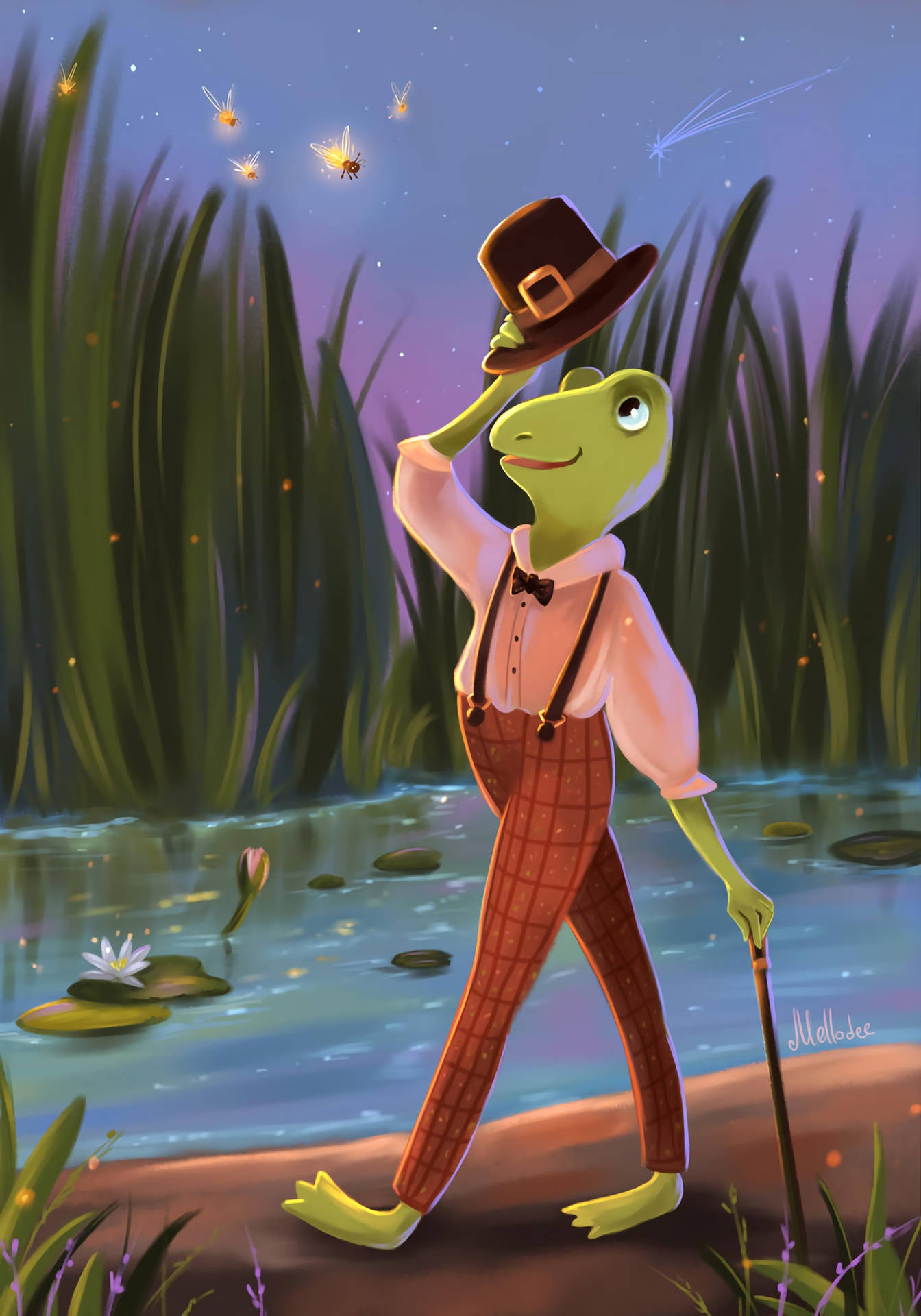 Frog In Suspenders Beside River Background