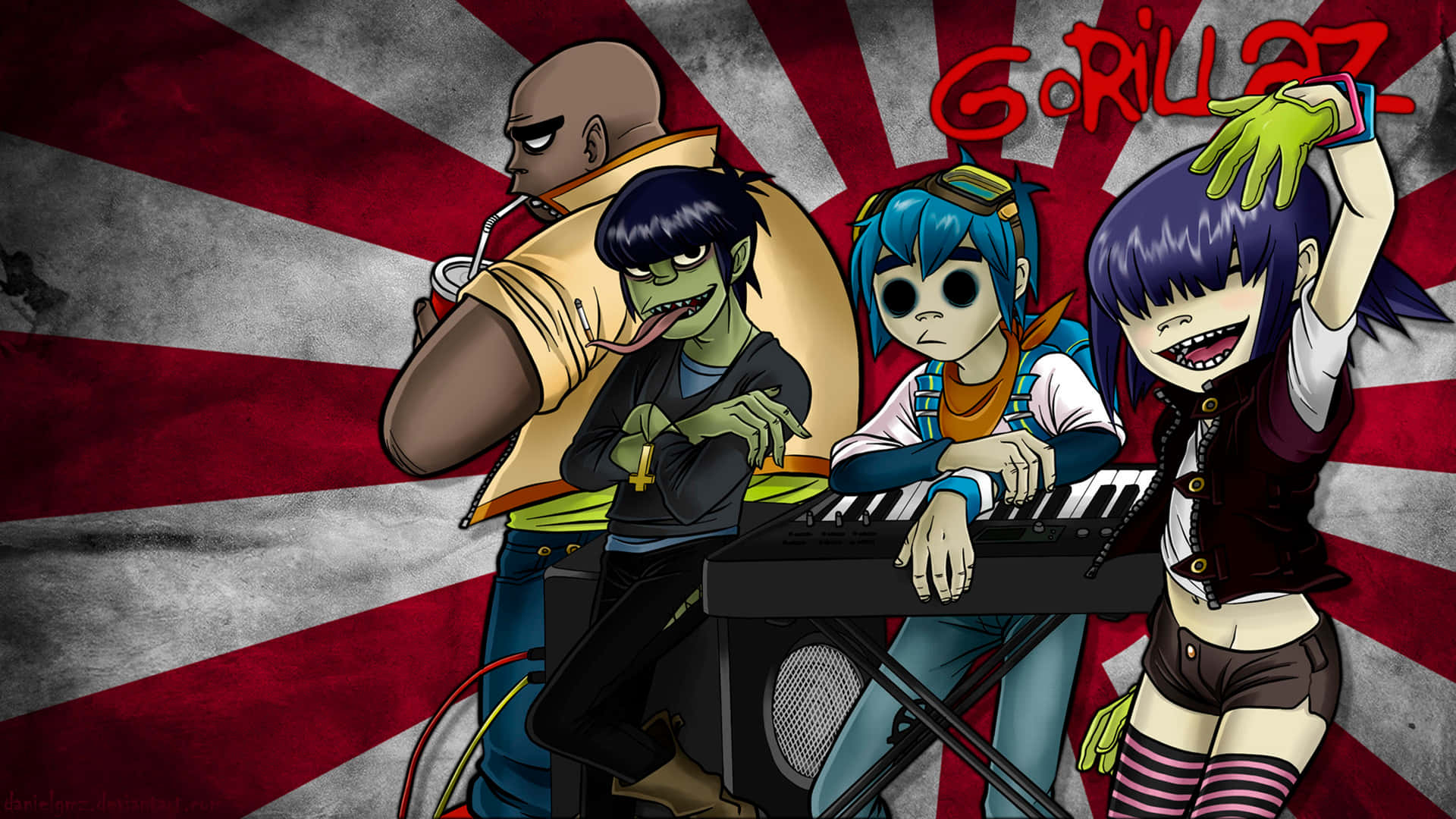 From Left To Right: Murdoc Niccals, 2d, Noodle And Russel From Gorillaz Background