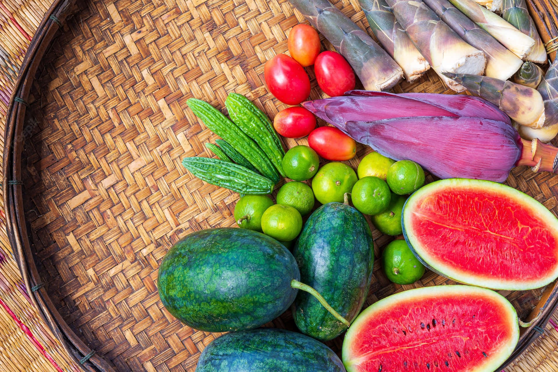 Fruits And Vegetables In A Rice Winnowing Basket Background