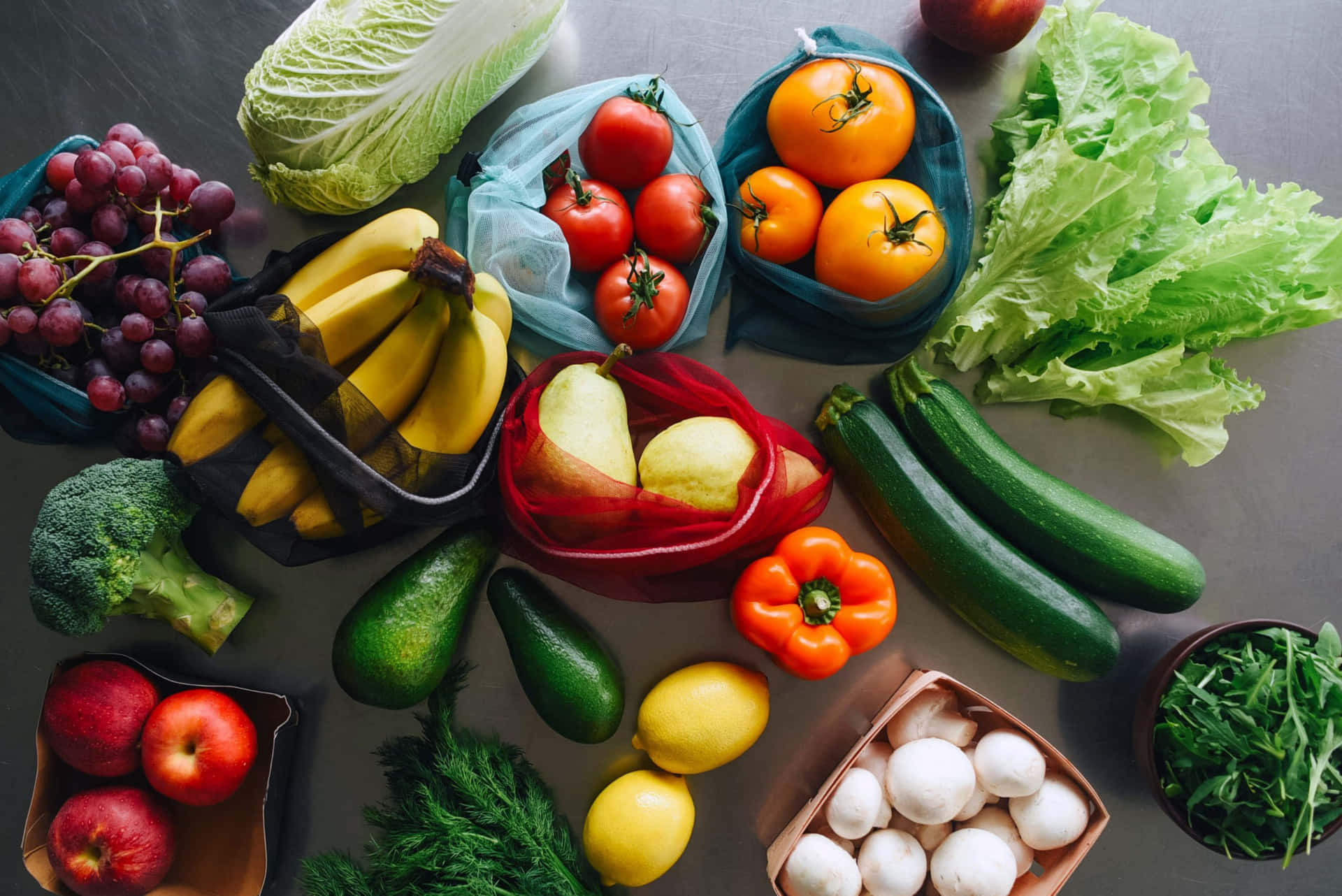 Fruits And Vegetables In Plastic And Paper Bags