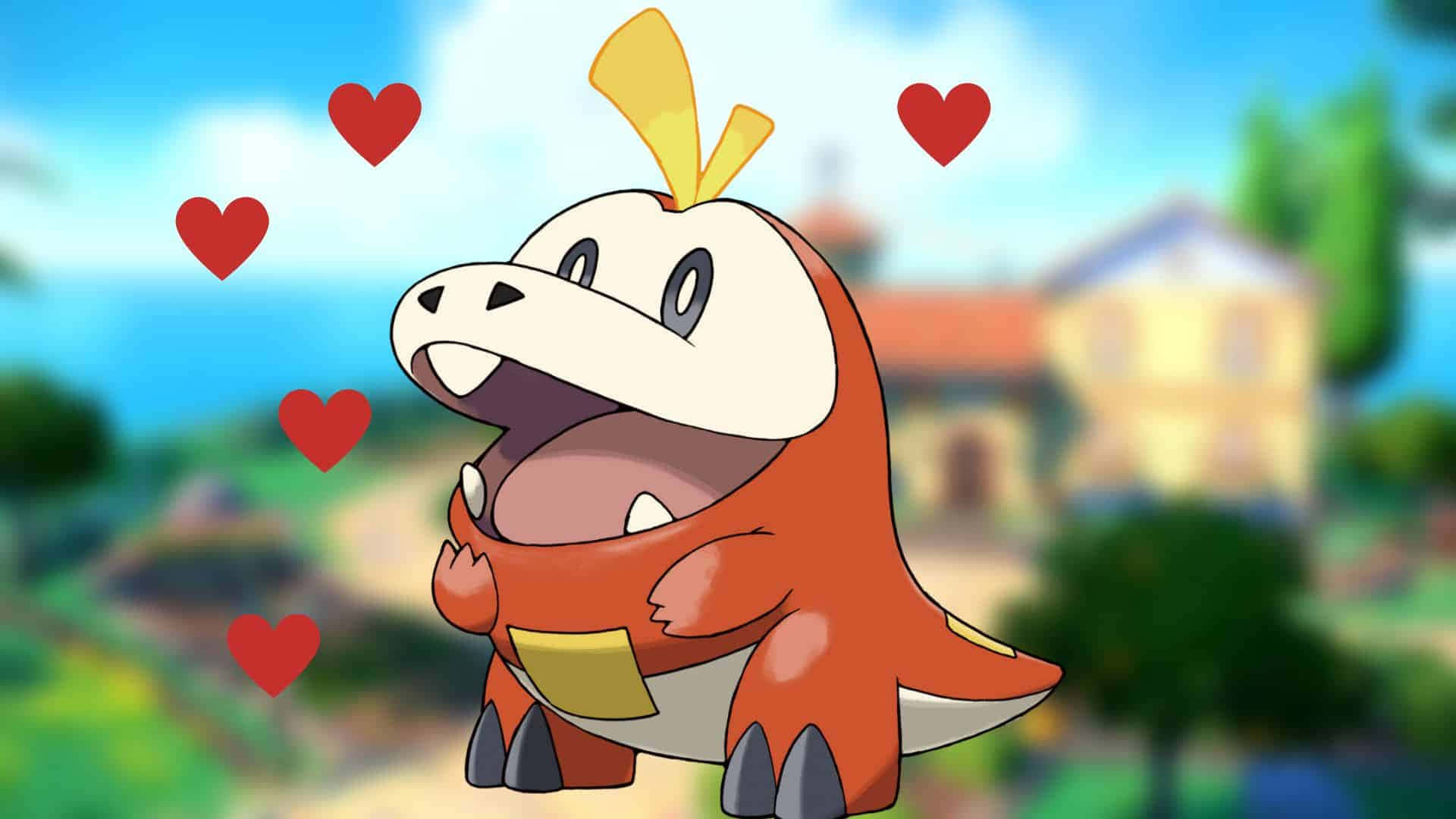 Fuecoco With Red Hearts Illustration Background