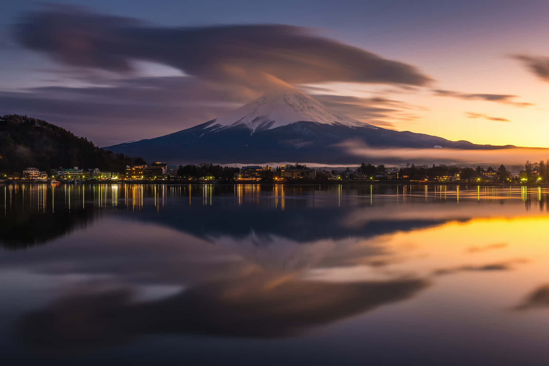 Fuji At Night With Lake Kawaguchi Background