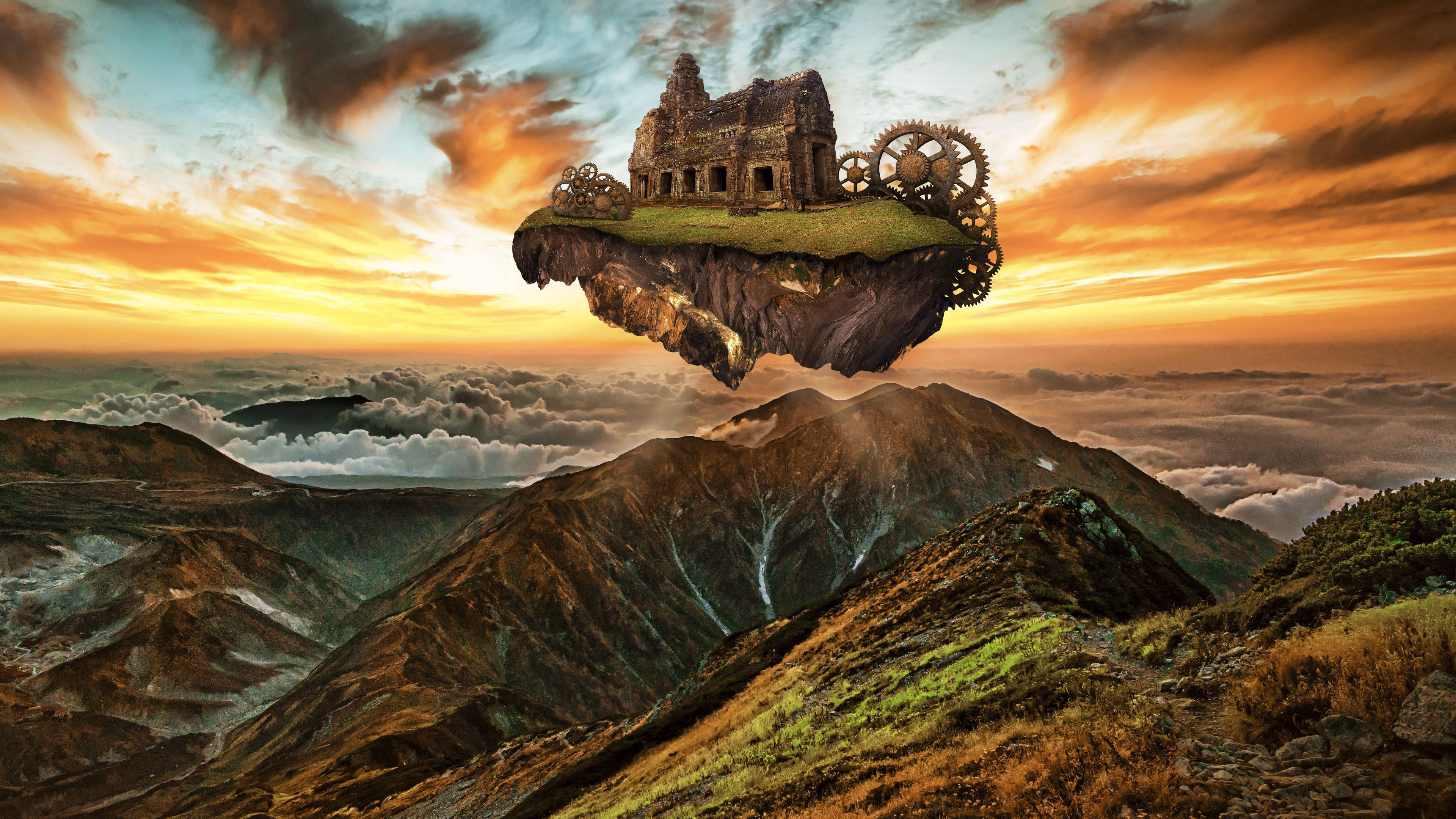 Full 4k Steampunk Floating House Background