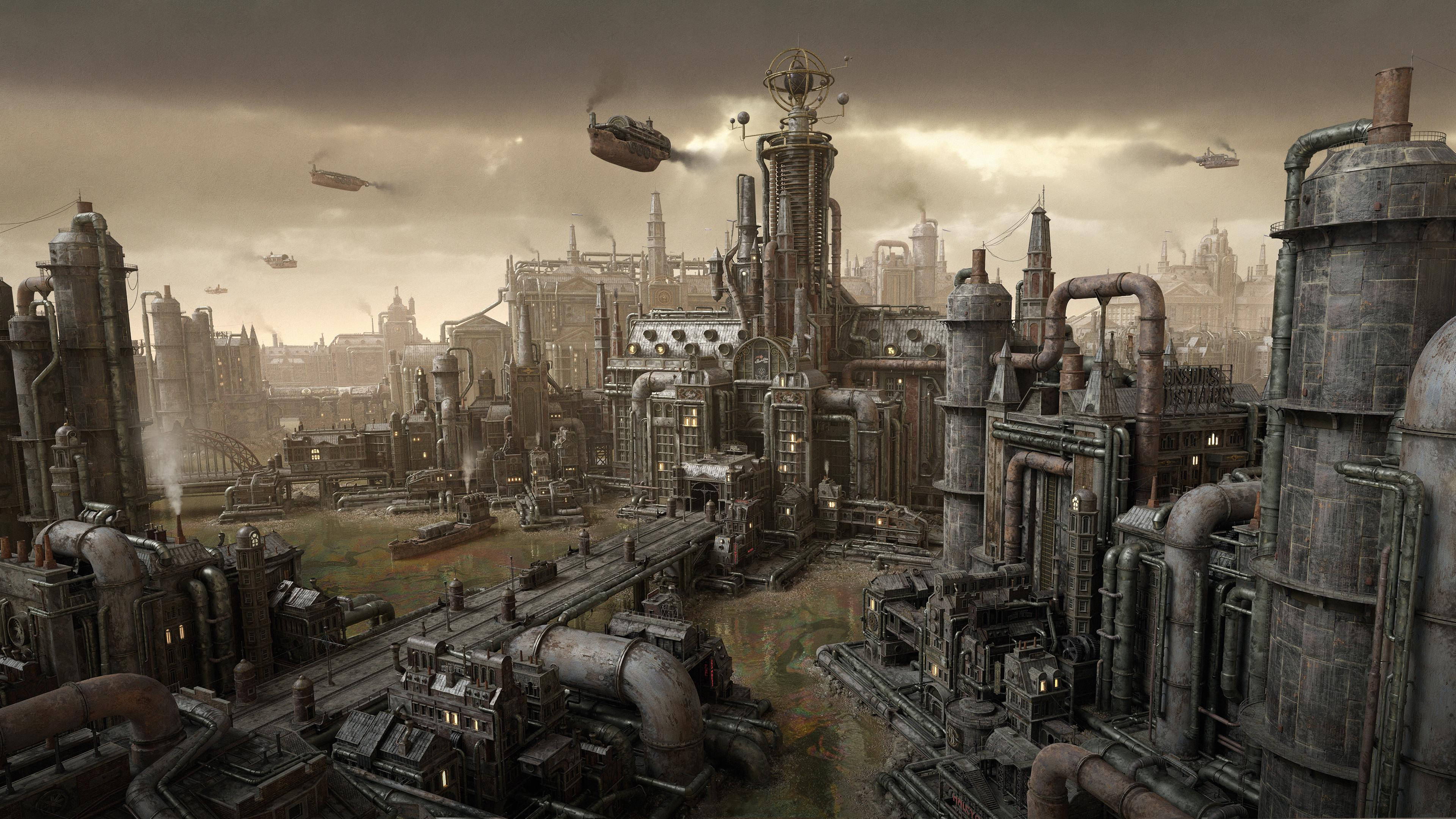 Full 4k Steampunk Industrial City Background