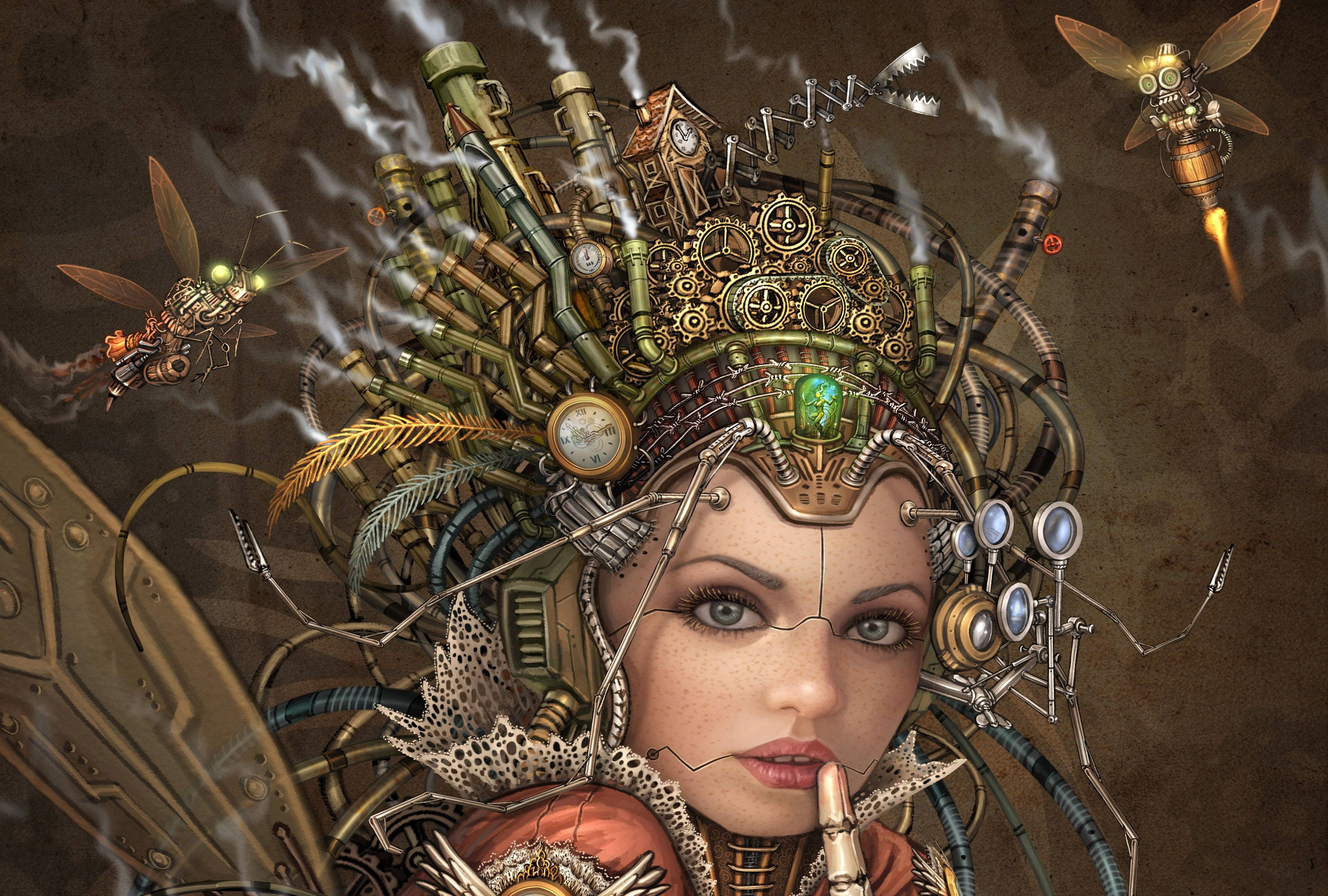 Full 4k Steampunk Robotic Woman Background