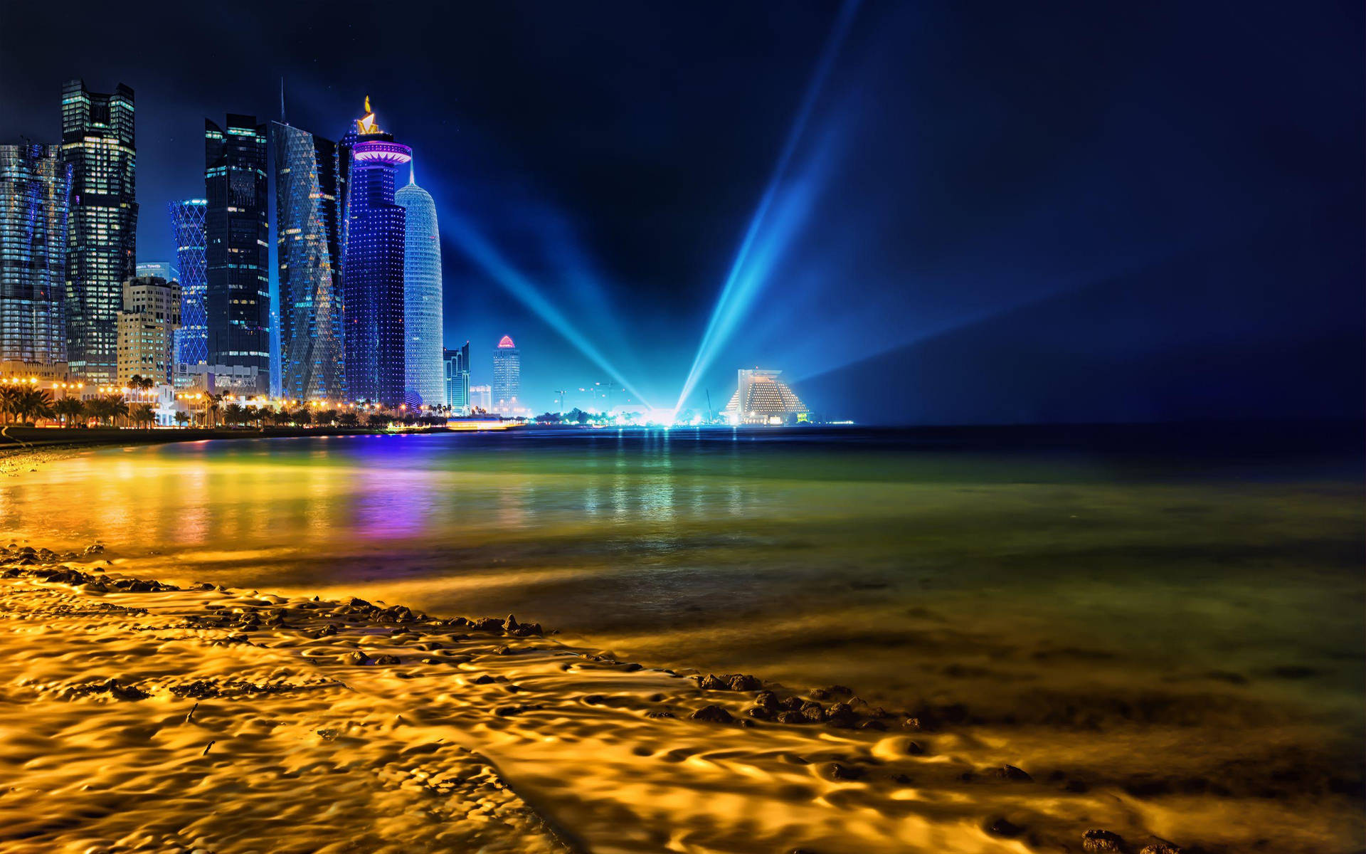 Full Doha City Beach Night Background