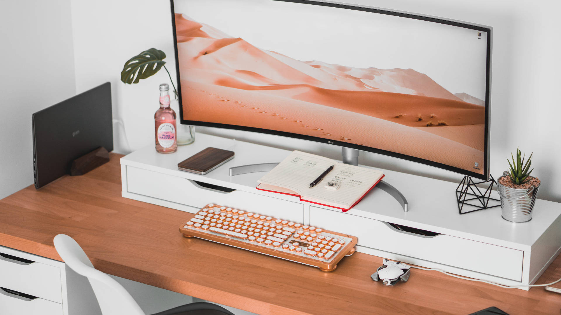 Full Hd Computer Desktop Setup In Nude Aesthetic Background