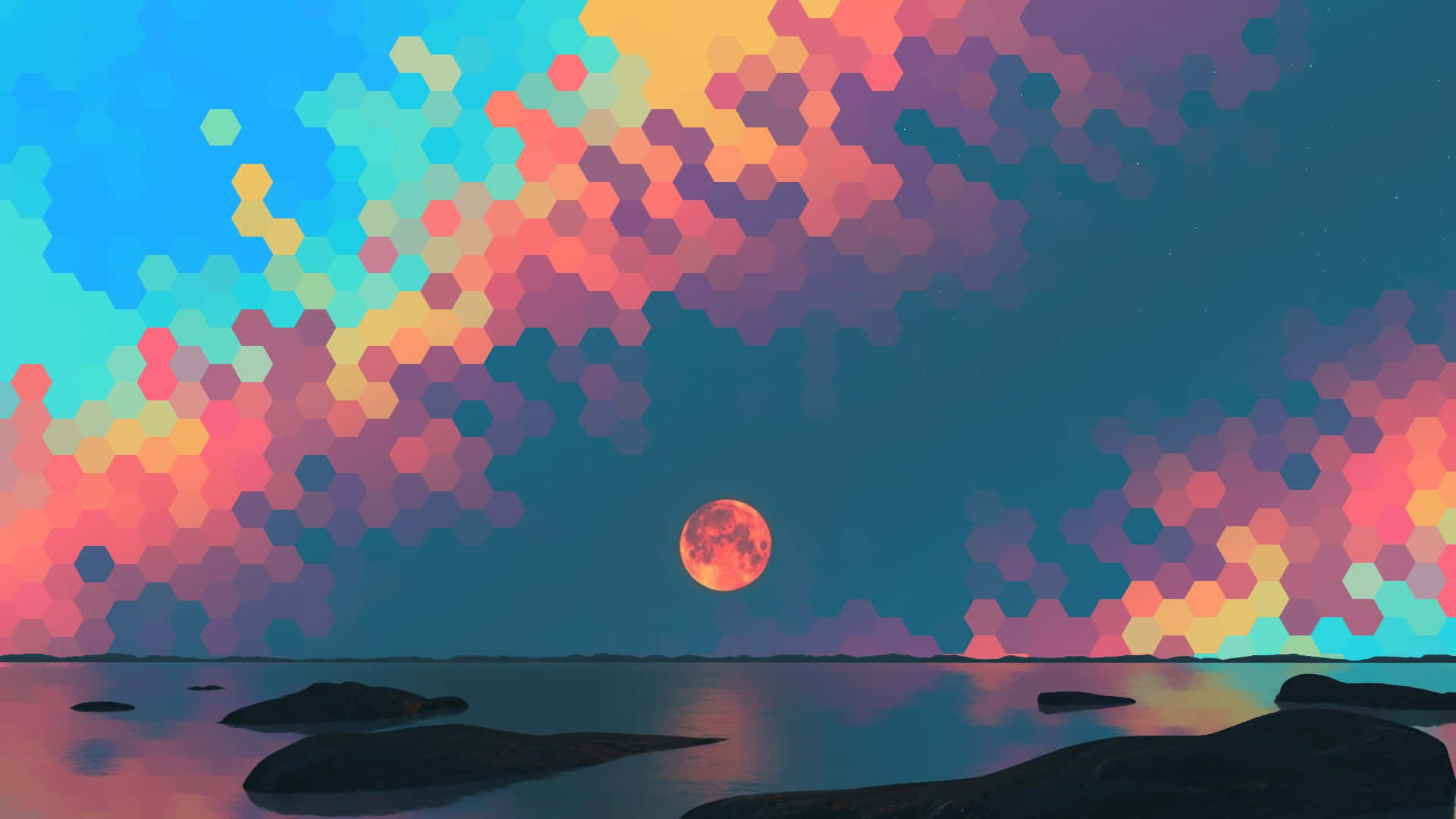 Full Moon In Orange And Teal Art Background