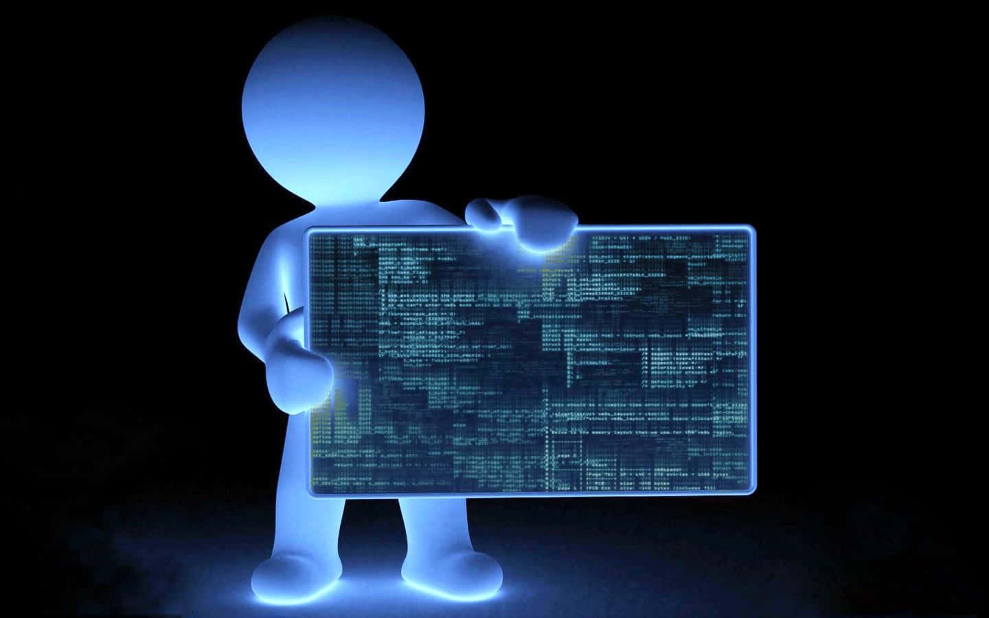 Funny 3d Character Holding Computer Code Background