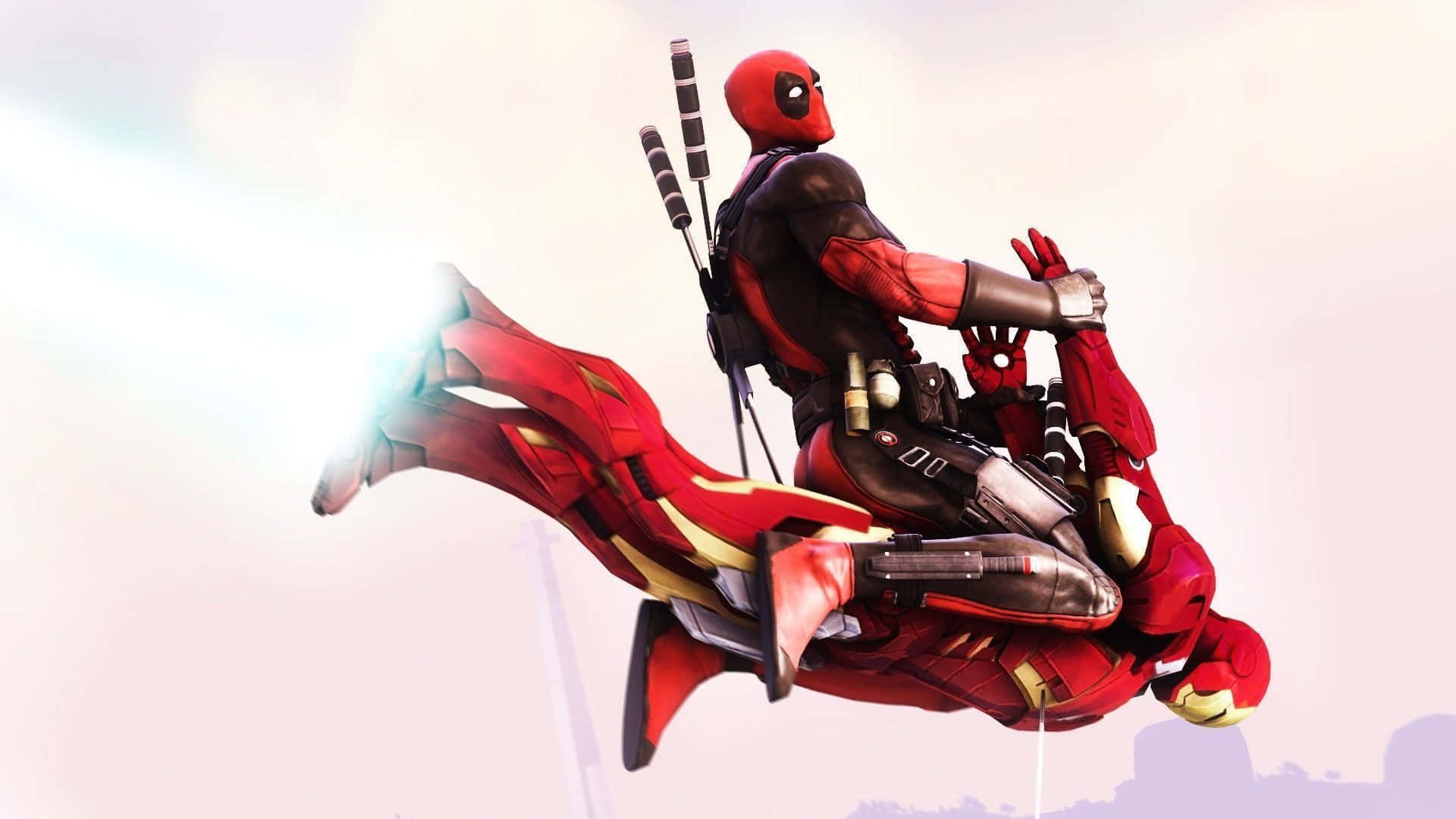 Funny Deadpool Riding On Iron Man Background
