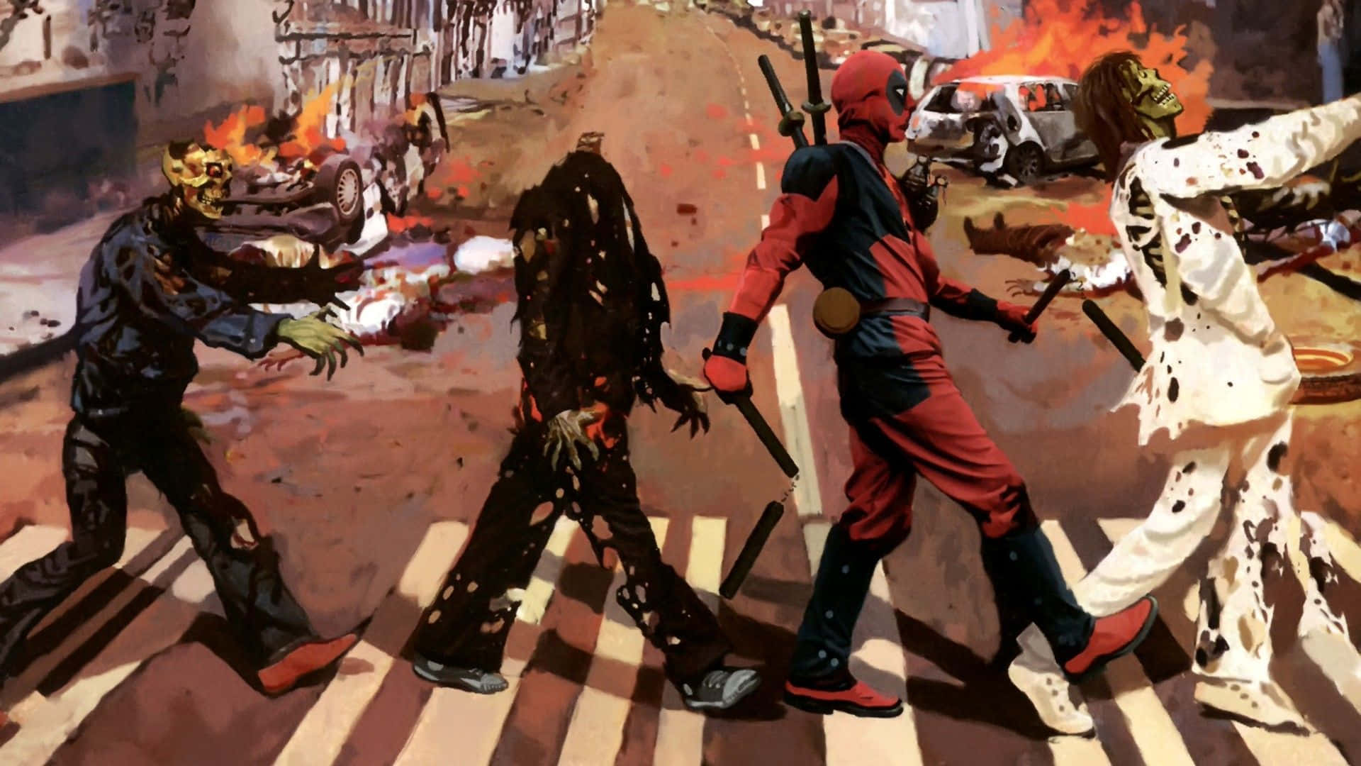Funny Deadpool With Zombies Background