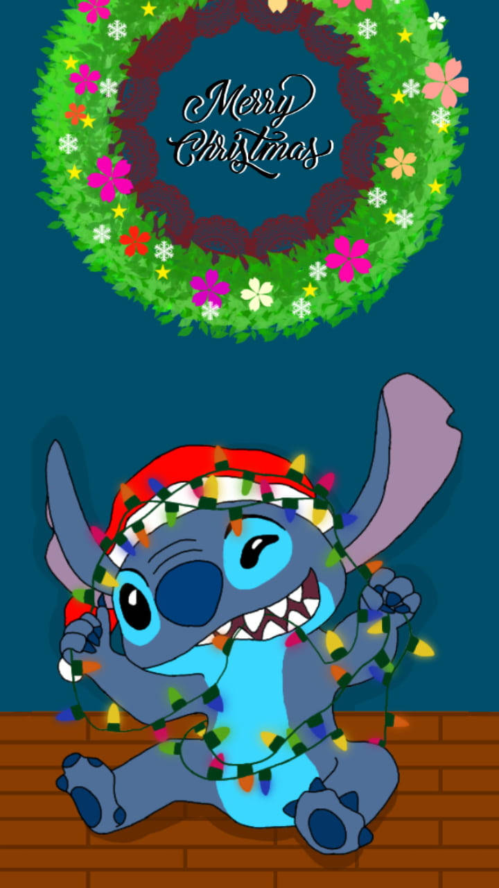 Funny Merry Christmas Stitch With Wreath Background