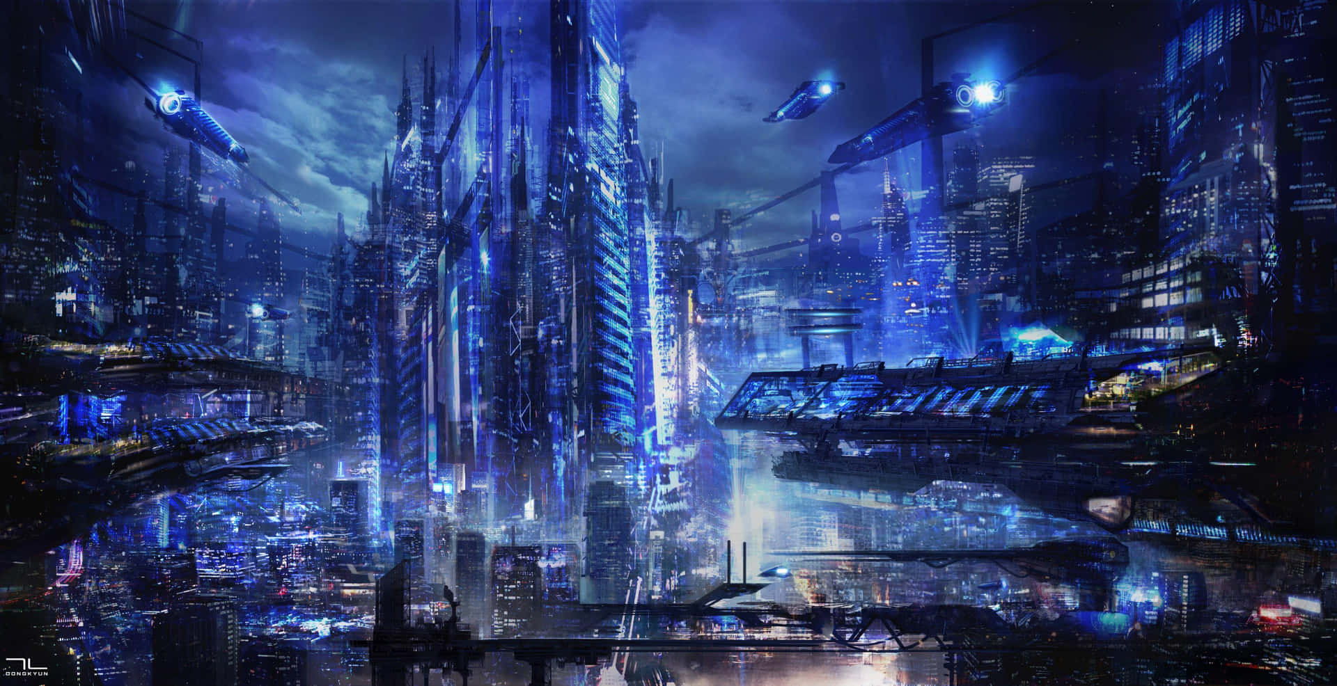Future City Blue Lights Building Desktop